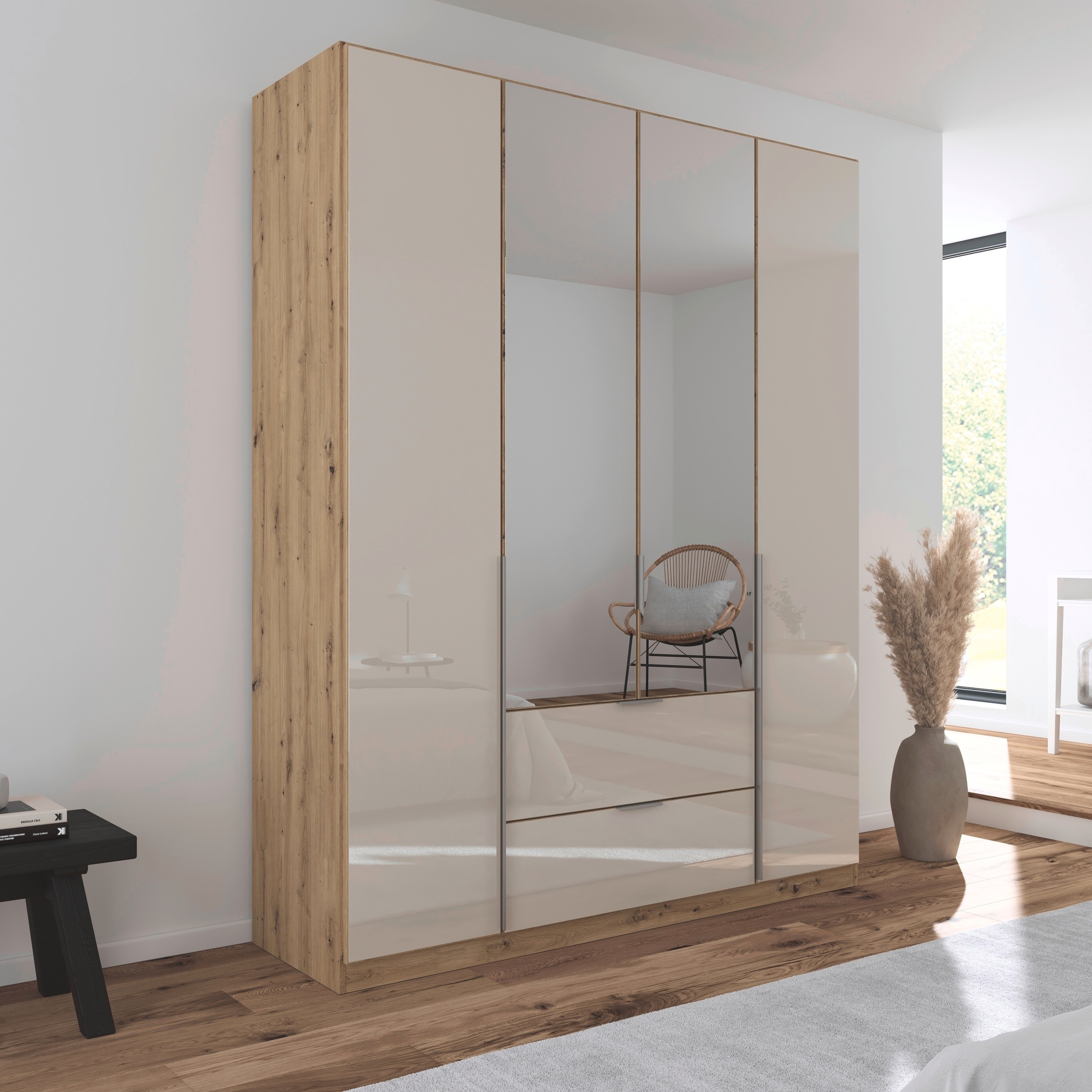 rauch Drehtürenschrank »Kleiderschrank Kleiderschränke Schrank Garderobe AGORDO mit Glasfront«, (in zwei Griff-Farben, Breiten 91-360 cm), mit Außenschubkästen, in 7 Breiten und 2 Höhen MADE IN GERMANY