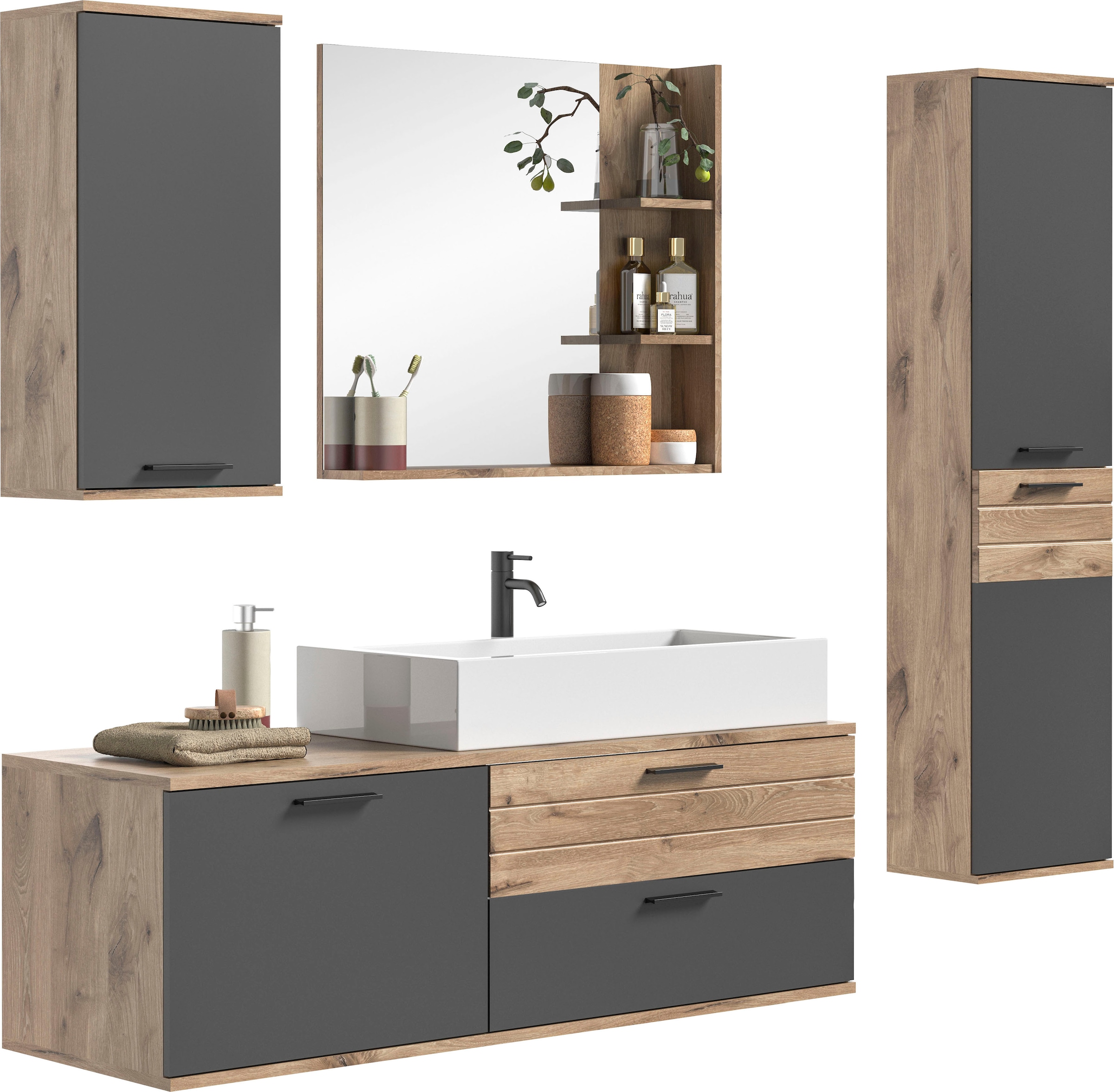 INOSIGN Badmöbel-Set »Riga, 4 teilig, inklusive Keramik-Aufsatzwaschbecken, bestehend aus:«, (Set, 4 St.), Waschtisch-Set, Hängeschrank, Badspiegel, Midischrank