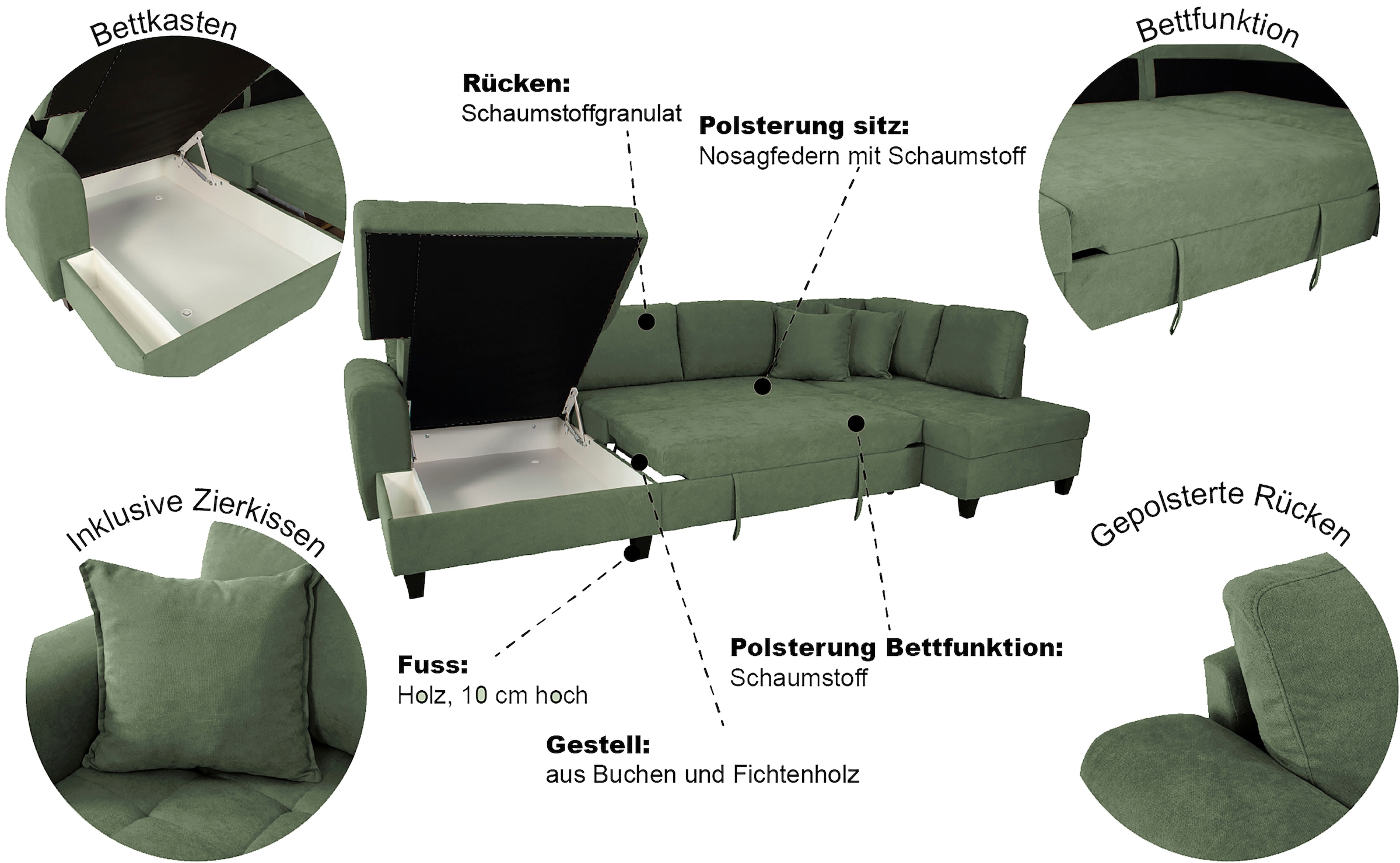 Trends by HG Wohnlandschaft »Moritz U-Form, B: 324 cm« mit Bettfunktion, Bettkasten & Zierkissen