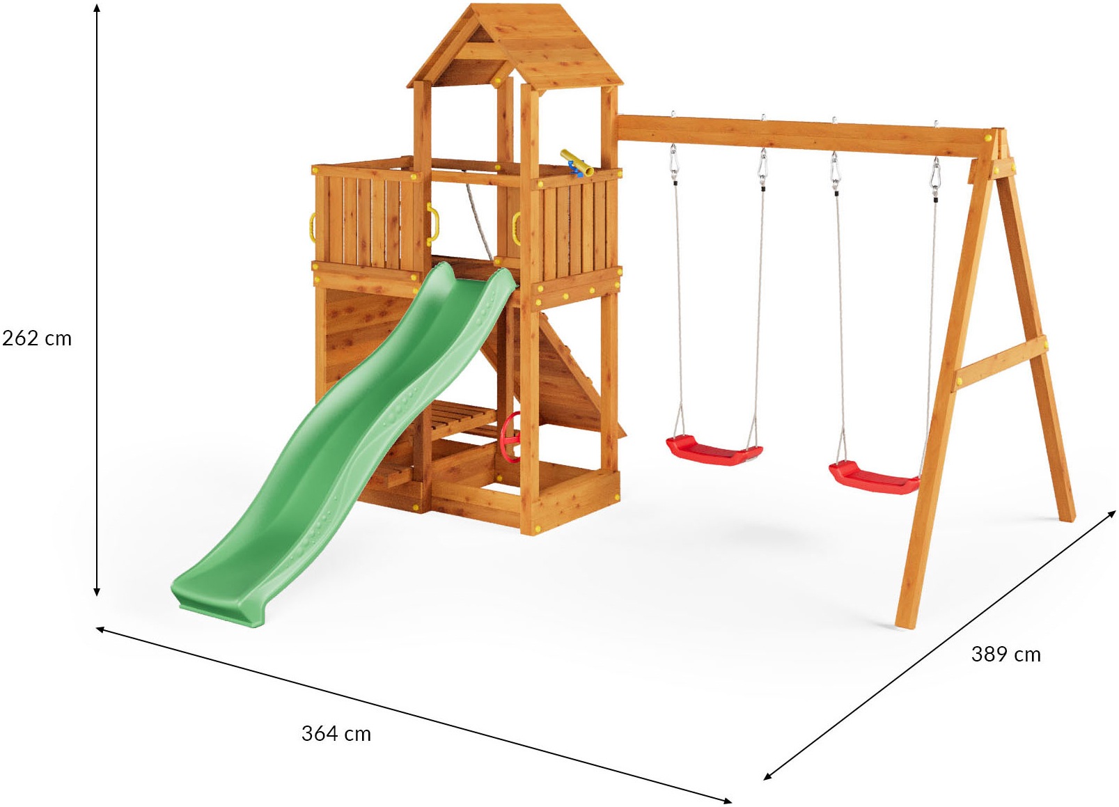 FUNGOO Spielturm »FLOPPI« mit Rutsche, Doppelschaukel, Kletterwand, Teleskop, Lenkrad