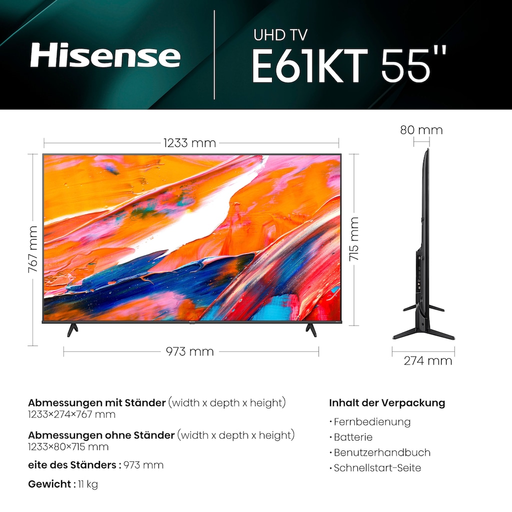 Hisense LED-Fernseher »55E61KT«, 139 cm/55 Zoll, 4K Ultra HD, Smart-TV, Smart-TV, Dolby Vision, Triple Tuner DVB-C/S/S2/T/T2-Alexa Built-In, DTS Virtual X