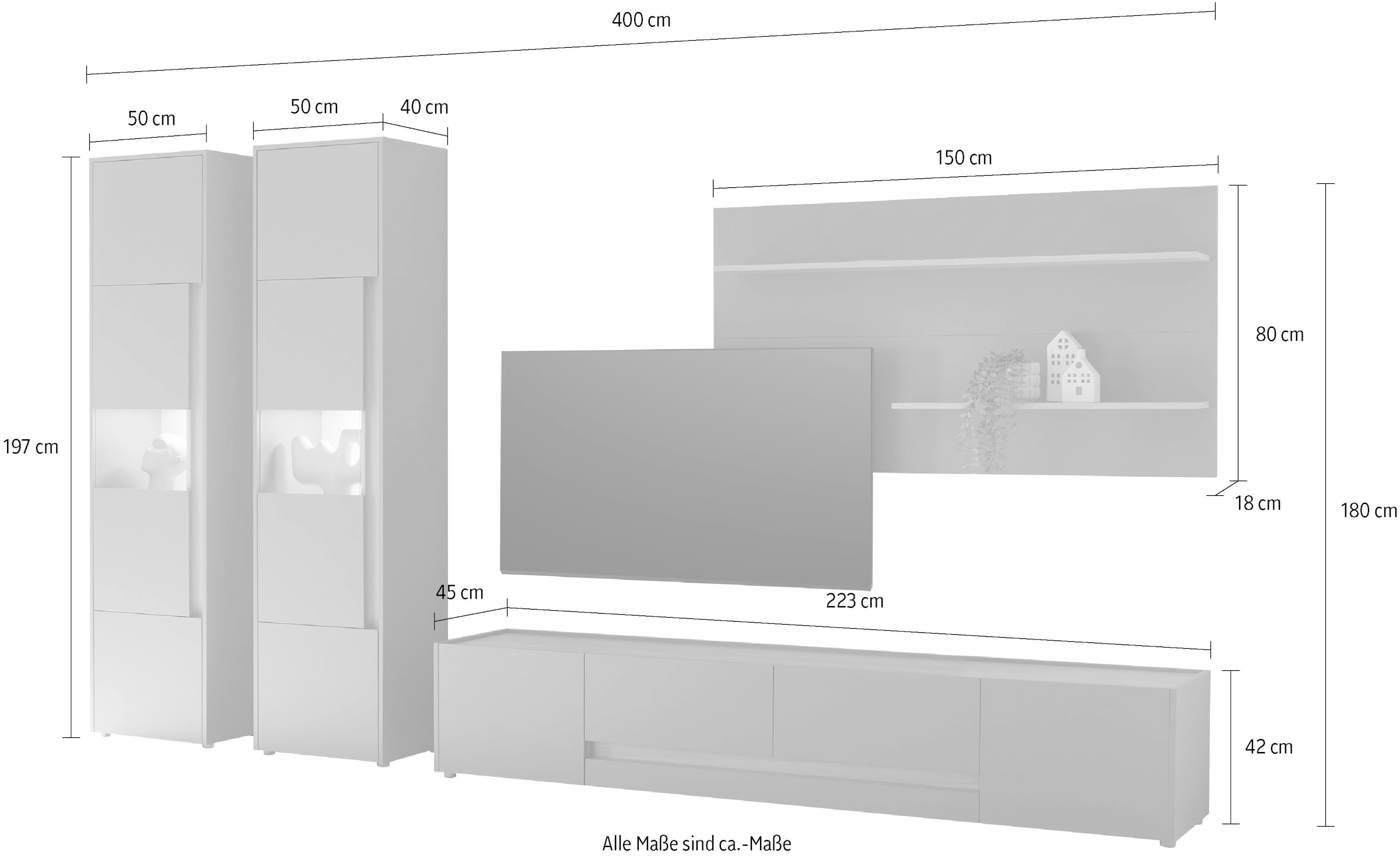 INOSIGN Wohnwand »City/Giron, moderne Anbauwand, Komplettset in vielen Farben verfügbar«, (Set, 4 St.), enthält zwei Vitrinen, ein Lowboard & ein Wandboard