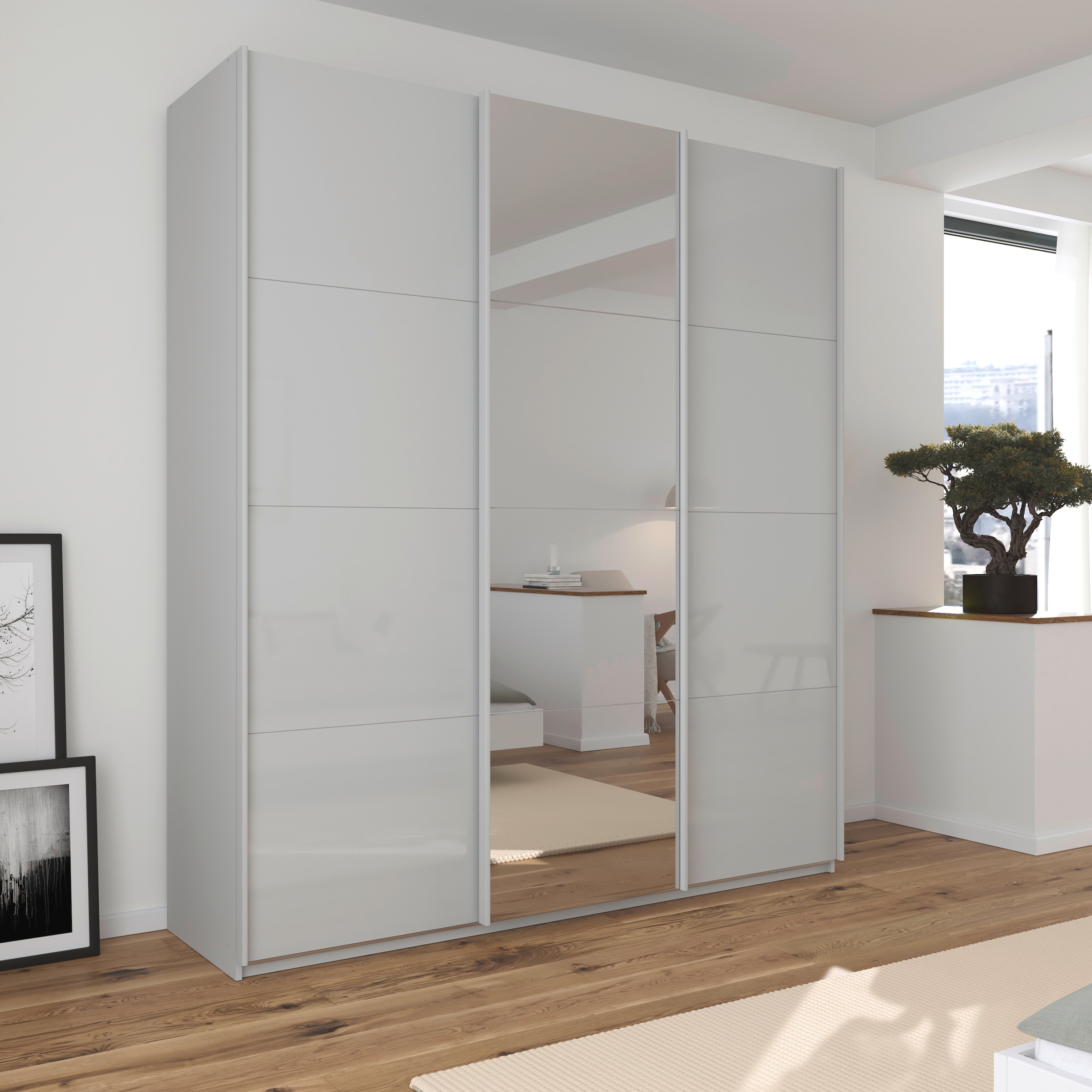 rauch Schwebetürenschrank »Kleiderschrank Kleiderschränke Schrank Garderobe AGORDO mit Glasfront«, durchdachte Innenausstattung, in 4 Breiten und 2 Höhen MADE IN GERMANY