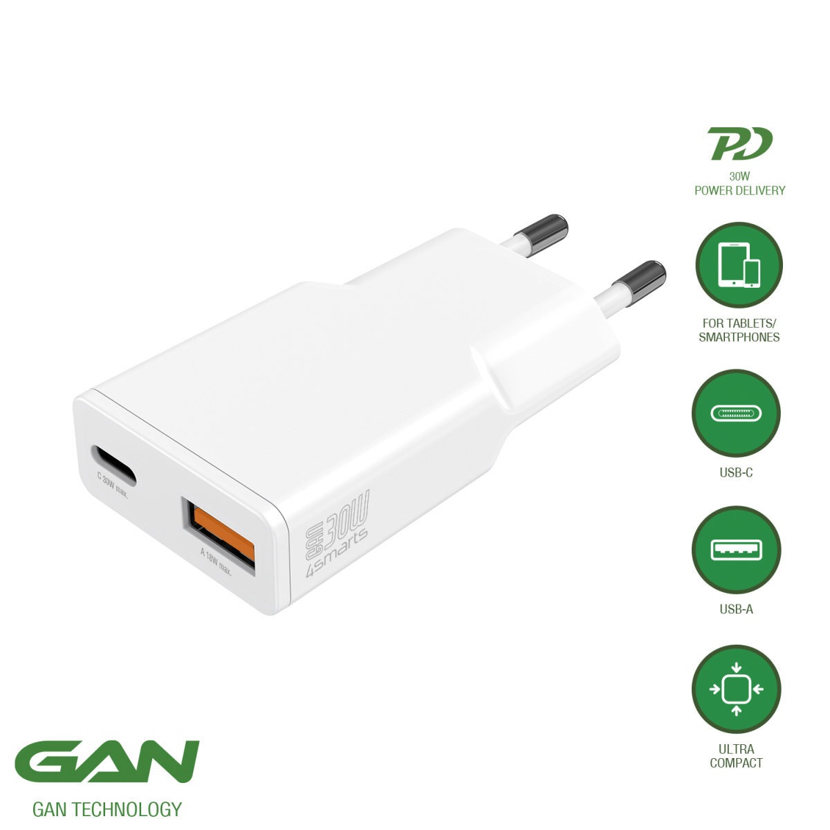 4smarts USB-Ladegerät »Netzladegerät PDPlug Slim Duos 30 W GaN 1C+1A«