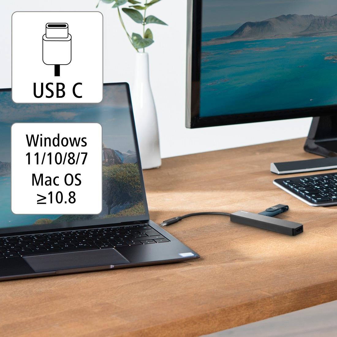 Hama USB-Adapter »USB-C Hub Multiport, 5 Ports, 3x USB A, USB C, HDMI™, Notebook, Laptop«, USB-C zu USB-C-HDMI-USB Typ A