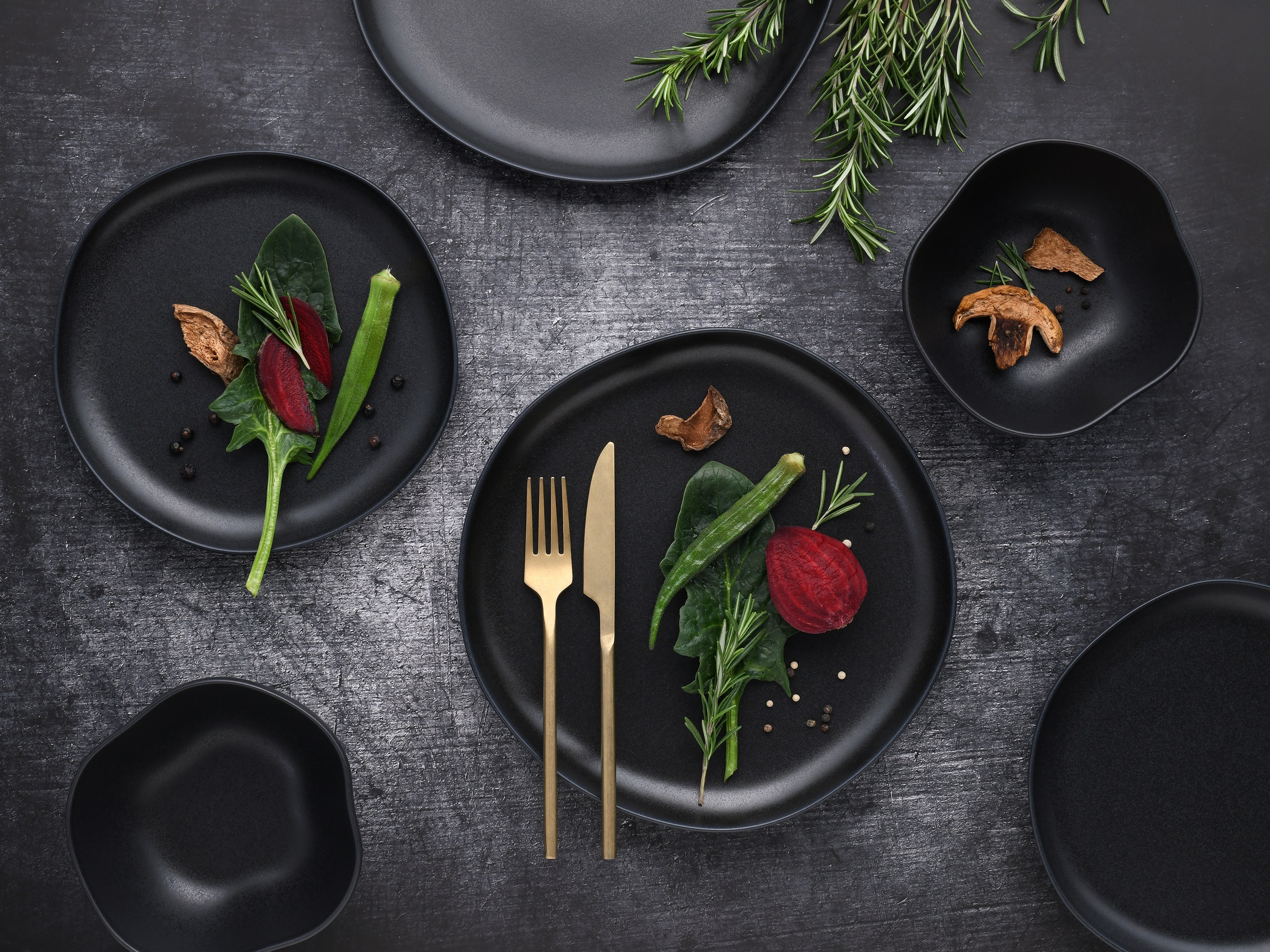 CreaTable Teller-Set »Natura Organic Black, Tellerset 12-tlg«, (Set, 12 tlg.), Seidenmatte Glasur