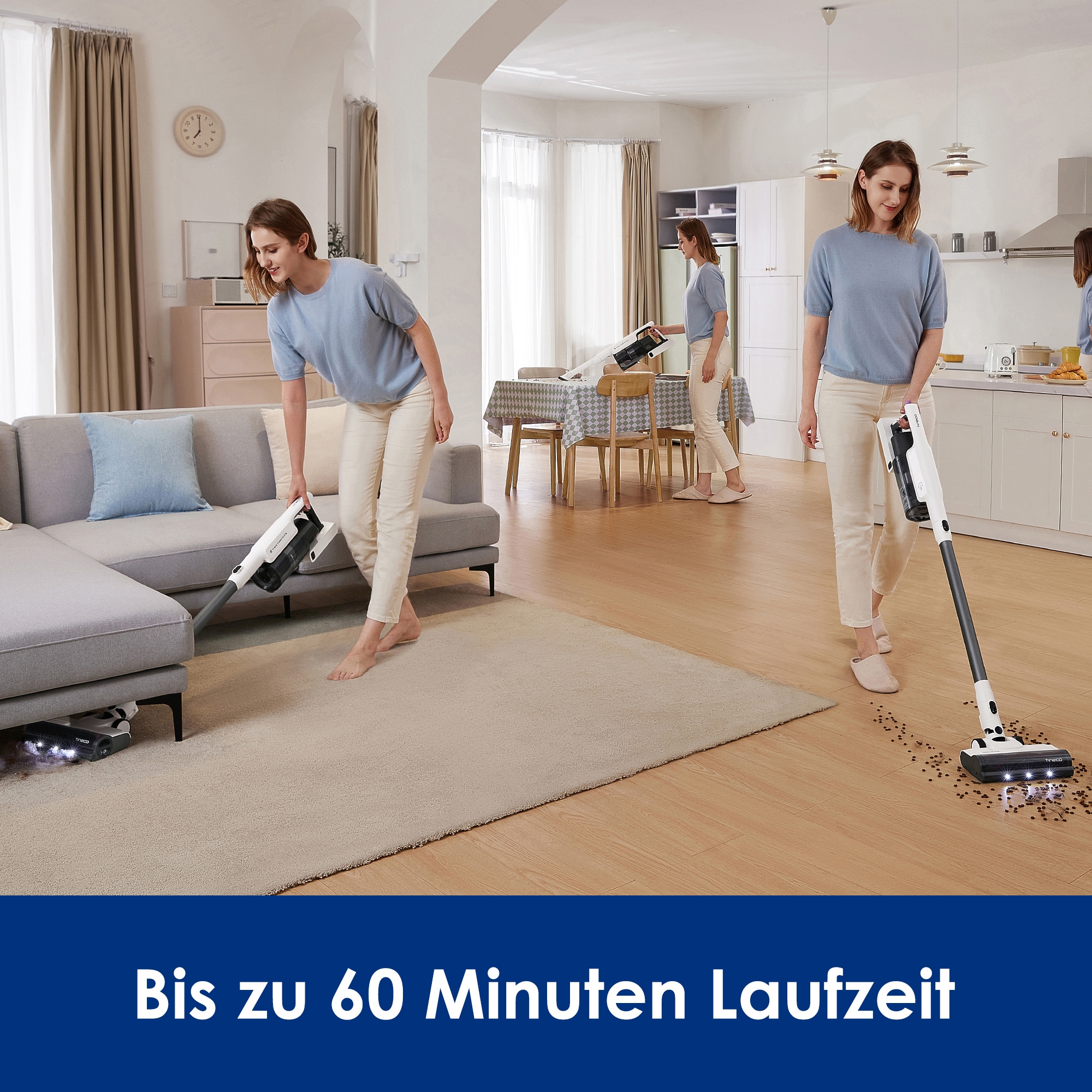 Tineco Akku-Stielstaubsauger »A30S Plus, 160Watt Saugleistung, 1L Staubbehälter, Schmutzerkennung« Anti Haar-Verhedderung, 60 Minuten Akku Laufzeit, Akku wechselbar