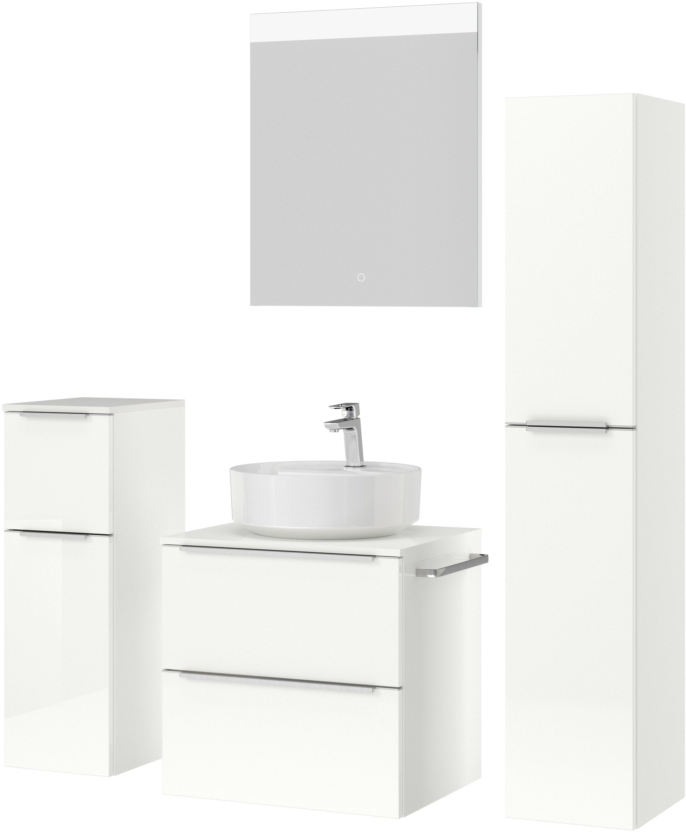 nobilia® Badmöbel-Set »Alvene«, (4 St., vormontiert, mit Soft-Close), Hochglanz, inkl. Spiegel mit Touch-Sensor, in vier Breiten