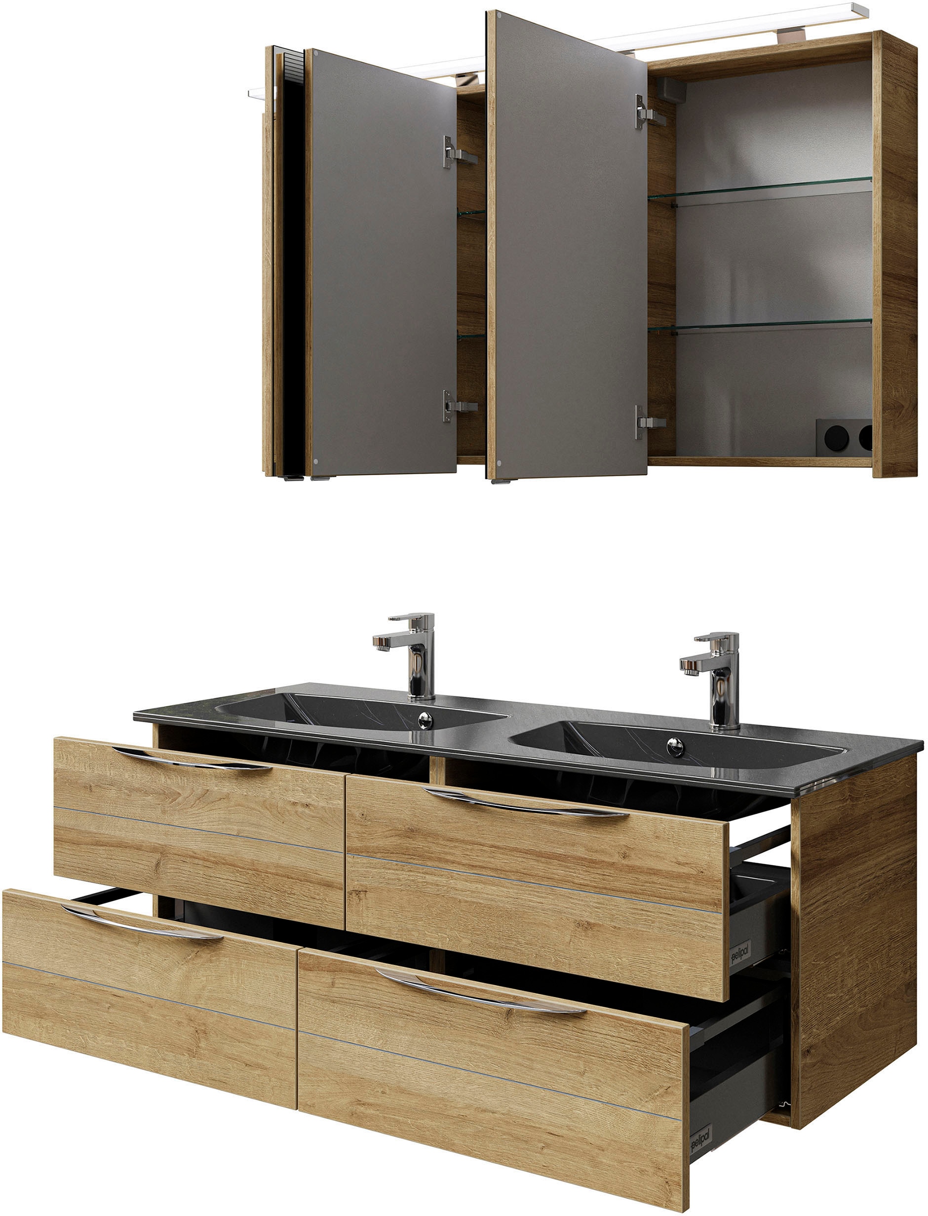 Saphir Badmöbel-Set »Serie 6025 2-teilig Mineralmarmor-Waschtisch mit LED-Spiegelschrank«, (2 St.), Waschplatz 132cm breit, 4 Schubladen, 2 Spiegel-Türen, inkl Türdämpfer