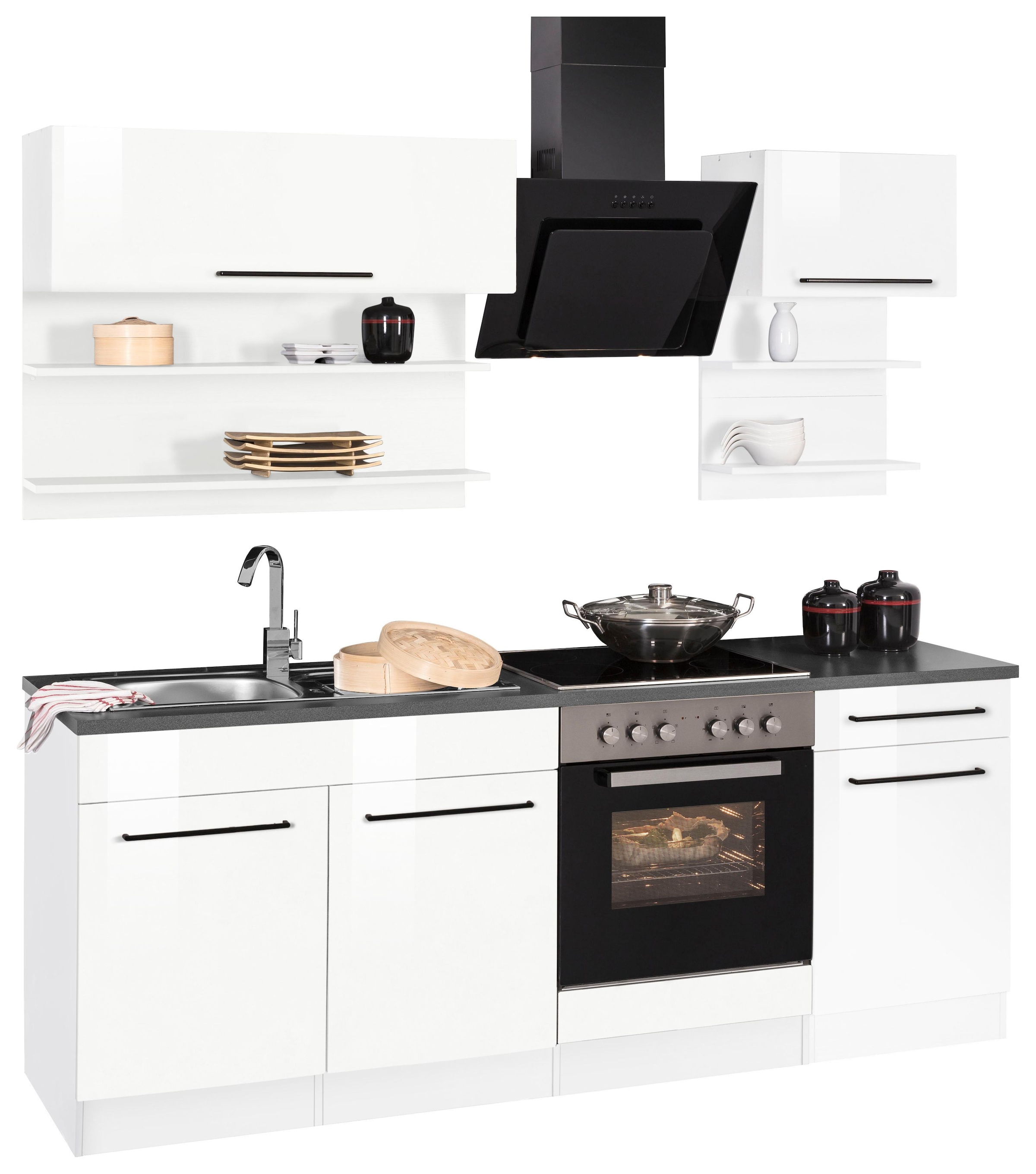 KOCHSTATION Küchenzeile »KS-Tulsa«, mit E-Geräten, Breite 210 cm, schwarze Metallgriffe, MDF Fronten