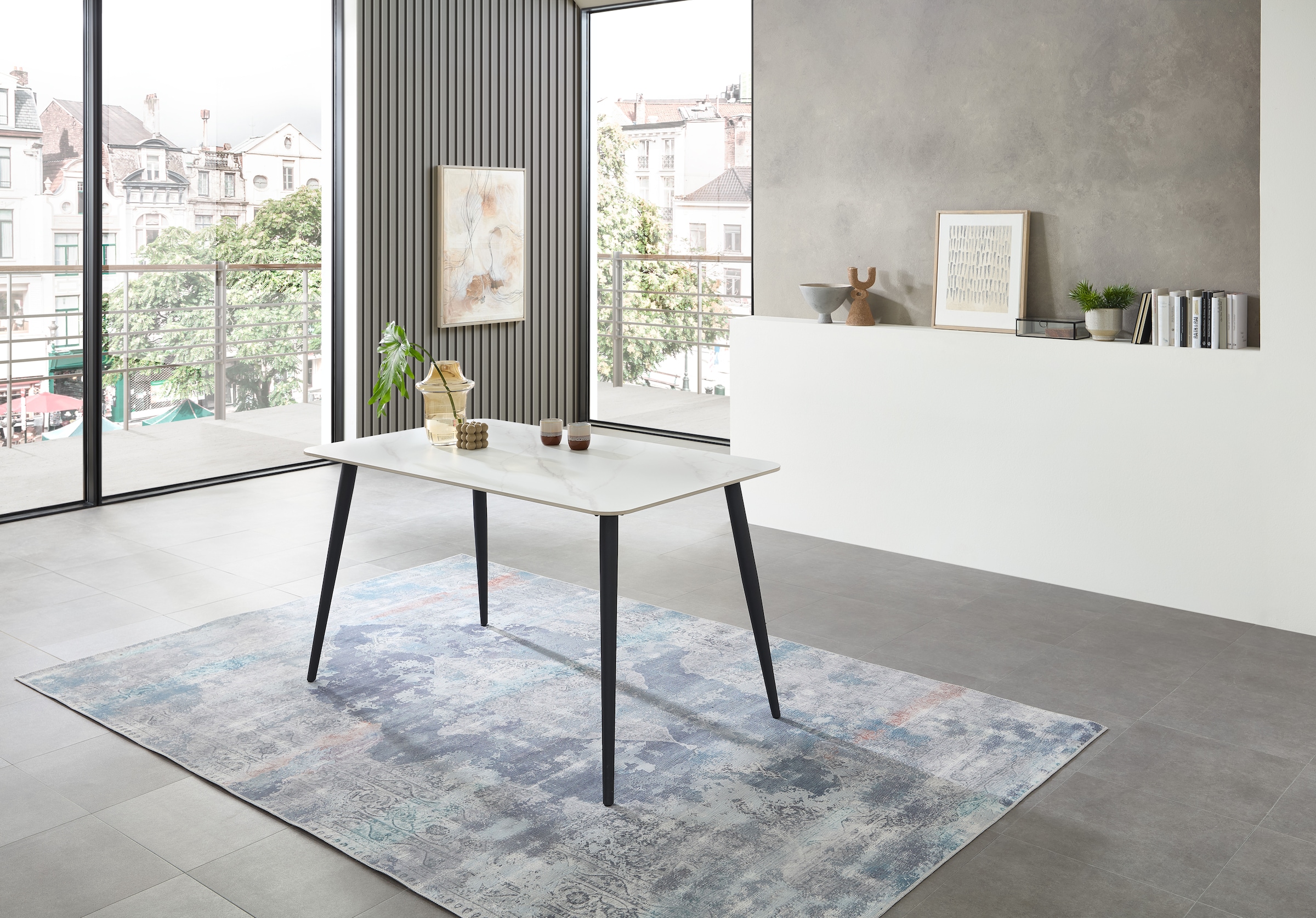 Stolkom Esstisch »Cody Esszimmertisch Keramik, Weiß marmoriert, BxHxT 140x76x80 cm«, Keramikoberfläche weiß marmoriert, 4-Fuß Gestell Schwarz matt