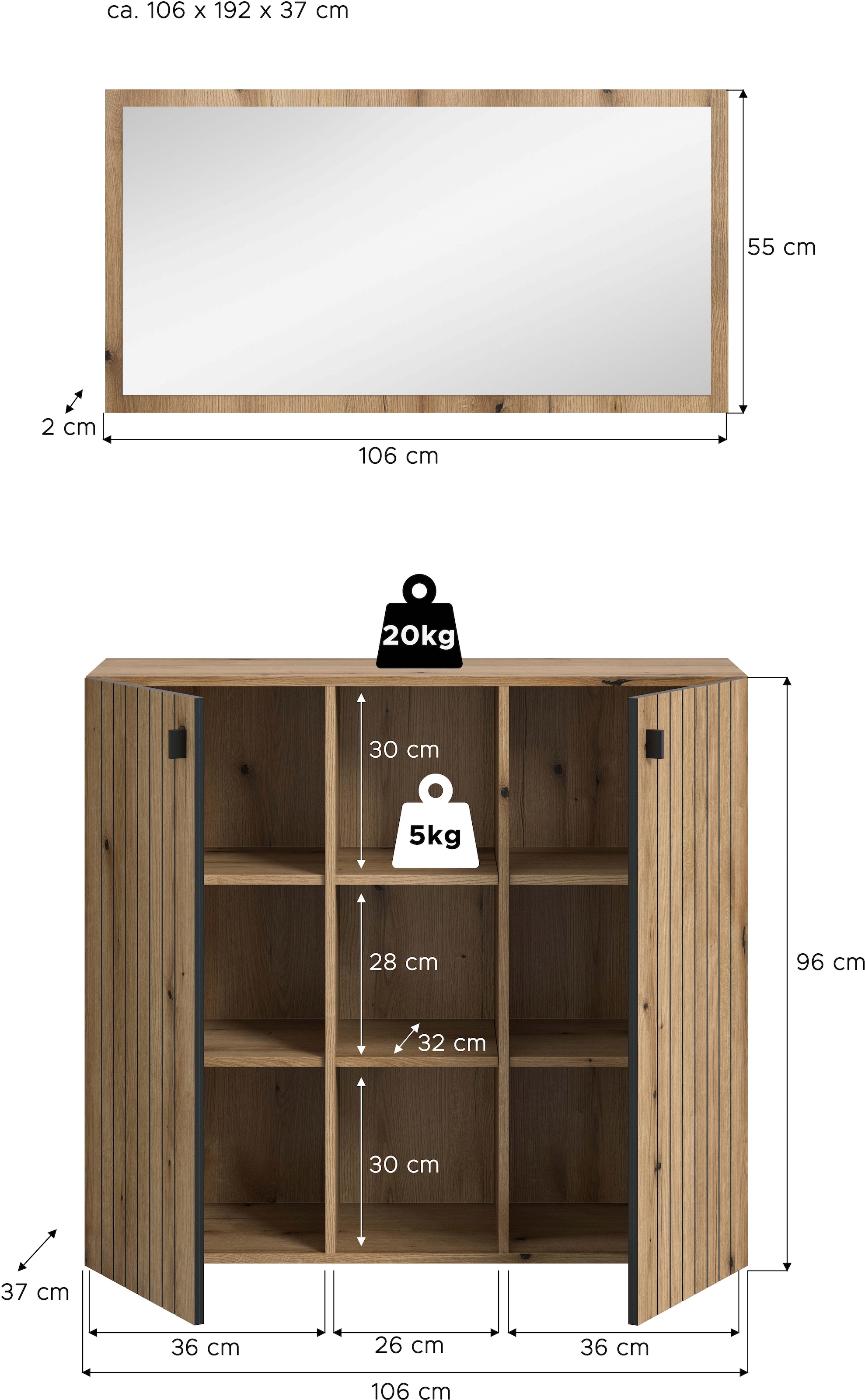 INOSIGN Garderoben-Set »TATIO, 2-tlg. Garderobenkombination,Breite: 106 cm, Rillenfräsung« Set, Set, best. aus: 1 Spiegel, 1 Schuhkommode, 2 Stk. tlg.