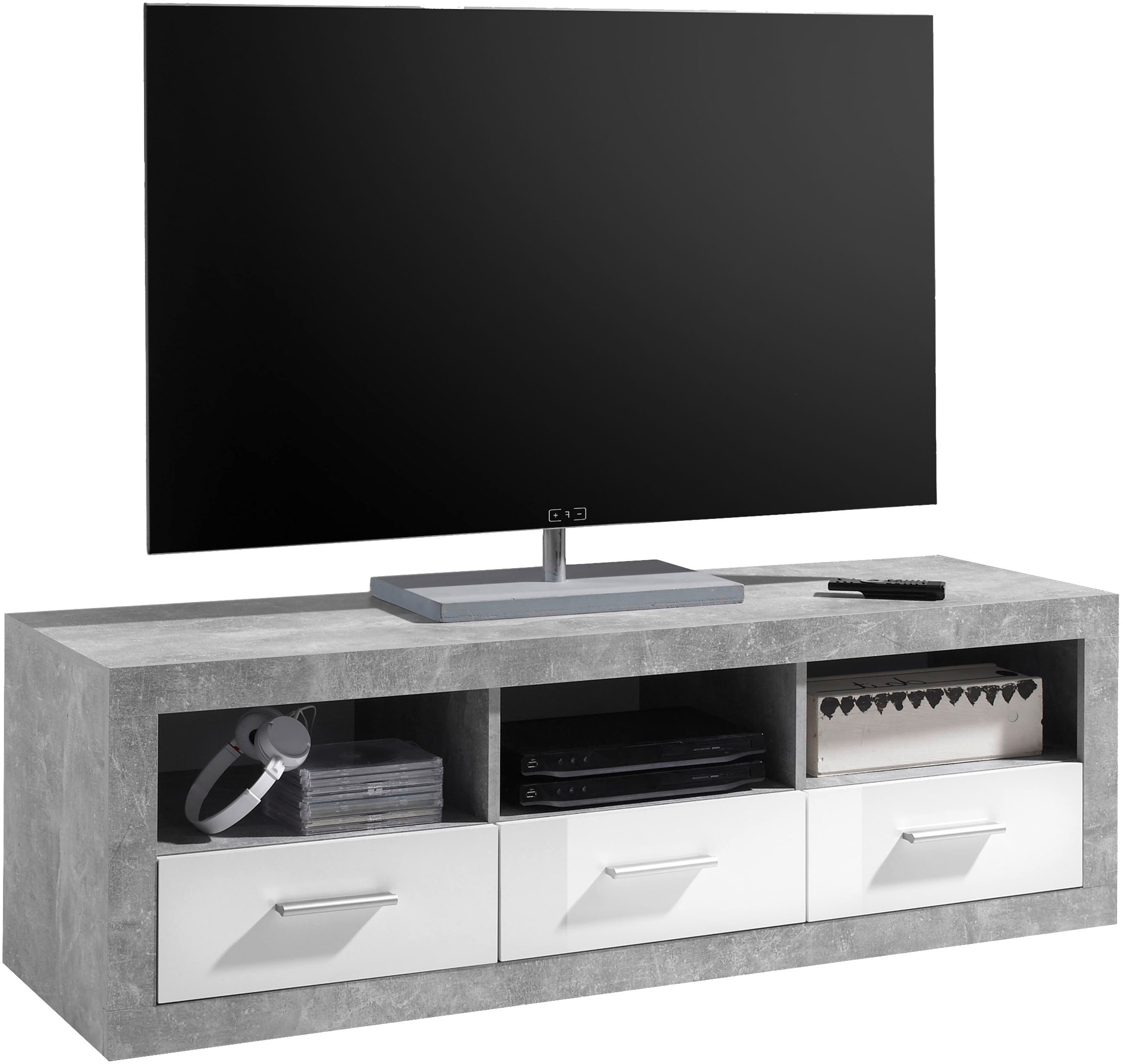 HBZ Lowboard »Stone weiß Hochglanz, TV Möbel bis 55 Zoll, BxHxT 147x49x45 cm«, (1 St.), Mit 3 offenen Fächer, 3 Schubkästen, 1 Kabeldurchführung