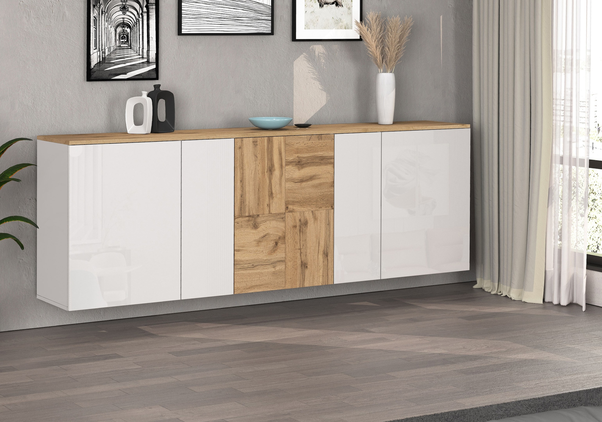 OTTO home Sideboard »ISEO, Kommode, Schrank, Sideboard, Lowboard, 6 Fächer, Breite 200 cm« 1 Stk. tlg. stehend/hängend, 5 Türen Hochglanz lackiert, Made in Italy