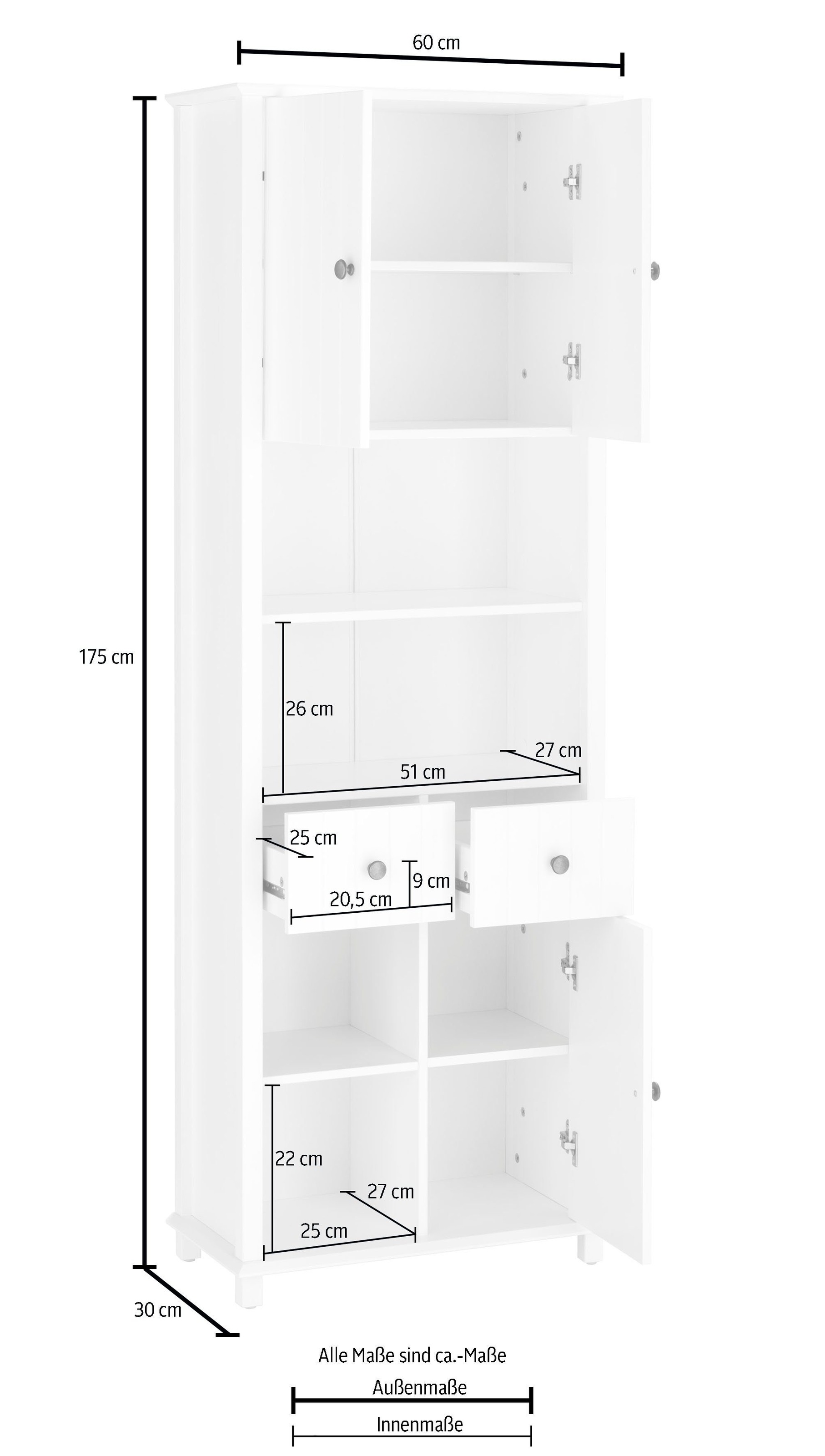 Home affaire Hochschrank »Vili«, Badezimmerschrank, Höhe 175 cm, 2 Schubladen, 3 Türen, aus Massivholz