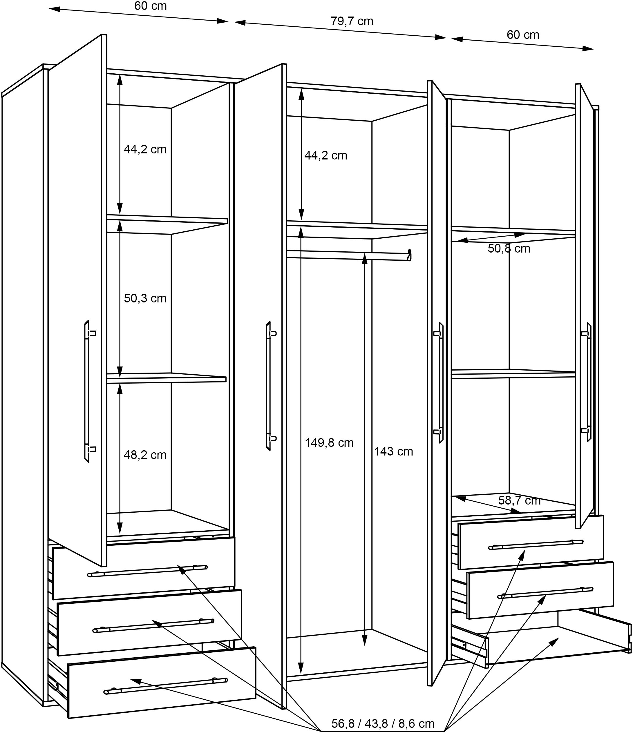 FORTE Drehtürenschrank »Kleiderschrank,zeitloses Design, 4 türig« viel Stauraum, Schubladen, Stangengriffe, Made in Europe