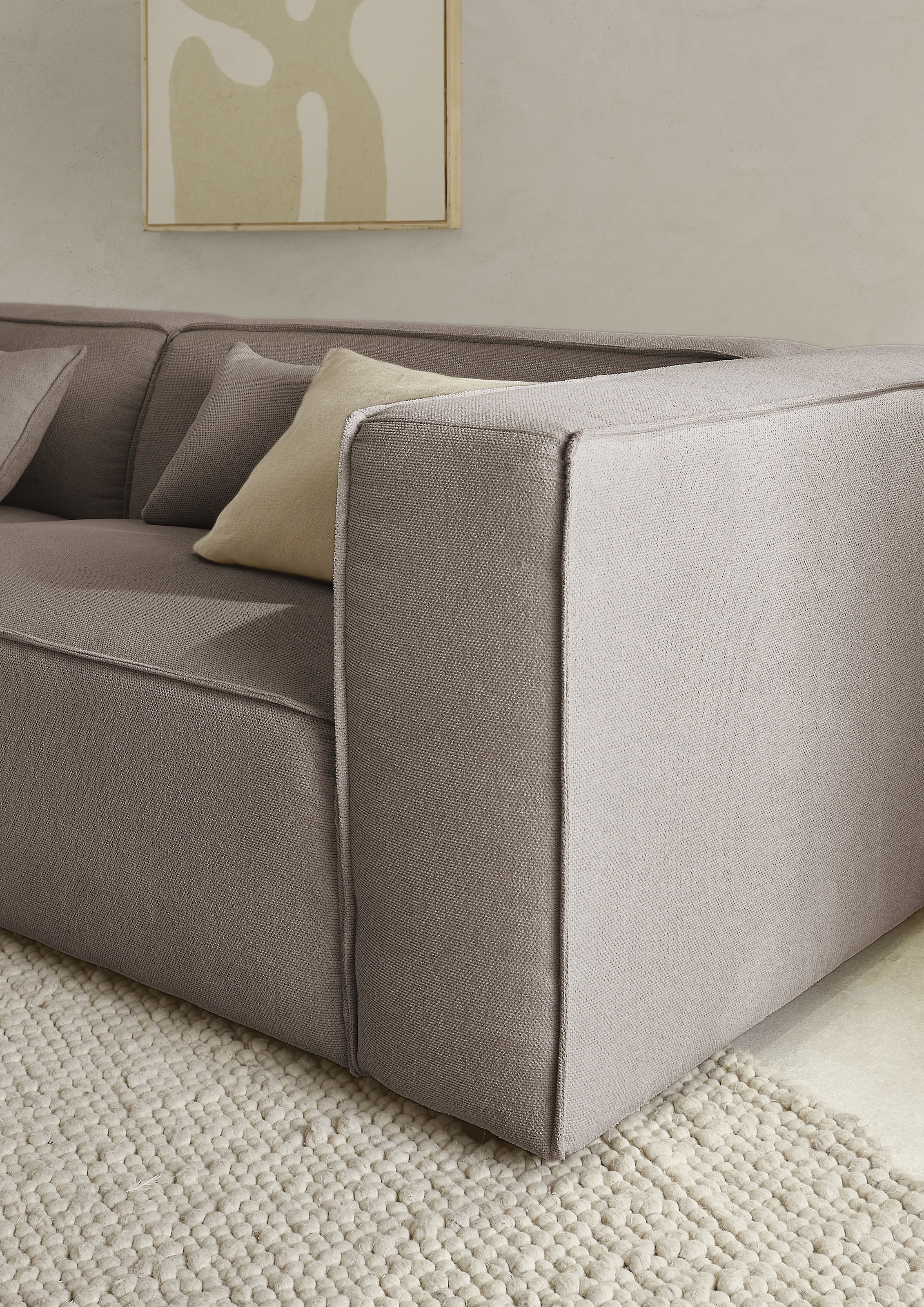 LeGer Home by Lena Gercke Ecksofa »PIARA mit Kedernaht in Cord oder Leinenoptik, moderne Couch in L-Form«, wahlweise Ottomane rechts/links, schwarze Füße, bequemer Sitzkomfort