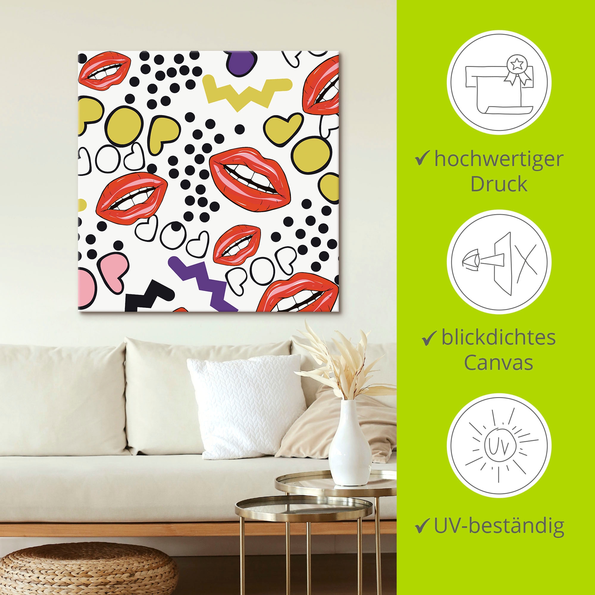 Artland Leinwandbild »Mund mit Pop-Art«, Muster, (1 St.), auf Keilrahmen gespannt