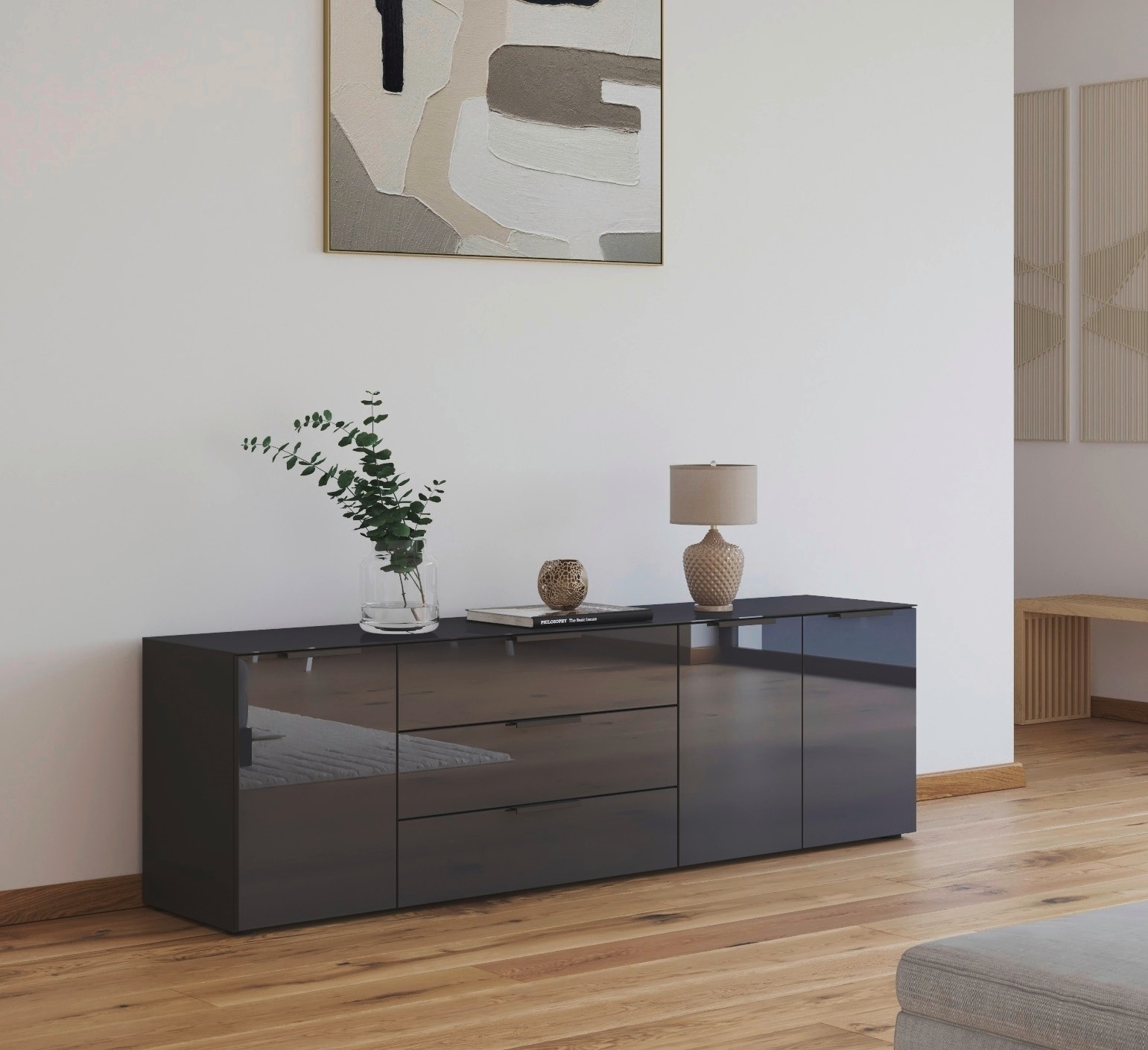 rauch Kombikommode »Kommode Türkommode Sideboard Kombikommode FLIPP mit Glasfront«, (Breite 200 cm mit 2 Einlegeböden), 3-türig, 3 Schubladen, Soft-Close-Funktion, Oberboden und Front Glas