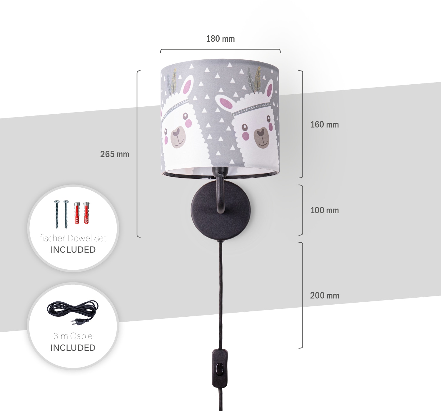 Paco Home Wandleuchte »Ela 214«, 1 flammig, Leuchtmittel E14 | ohne Leuchtmittel, Kinderlampe Wandlampe Mit Schalter Ø…18cm Lama Rosa Grau Kabel 3m E14