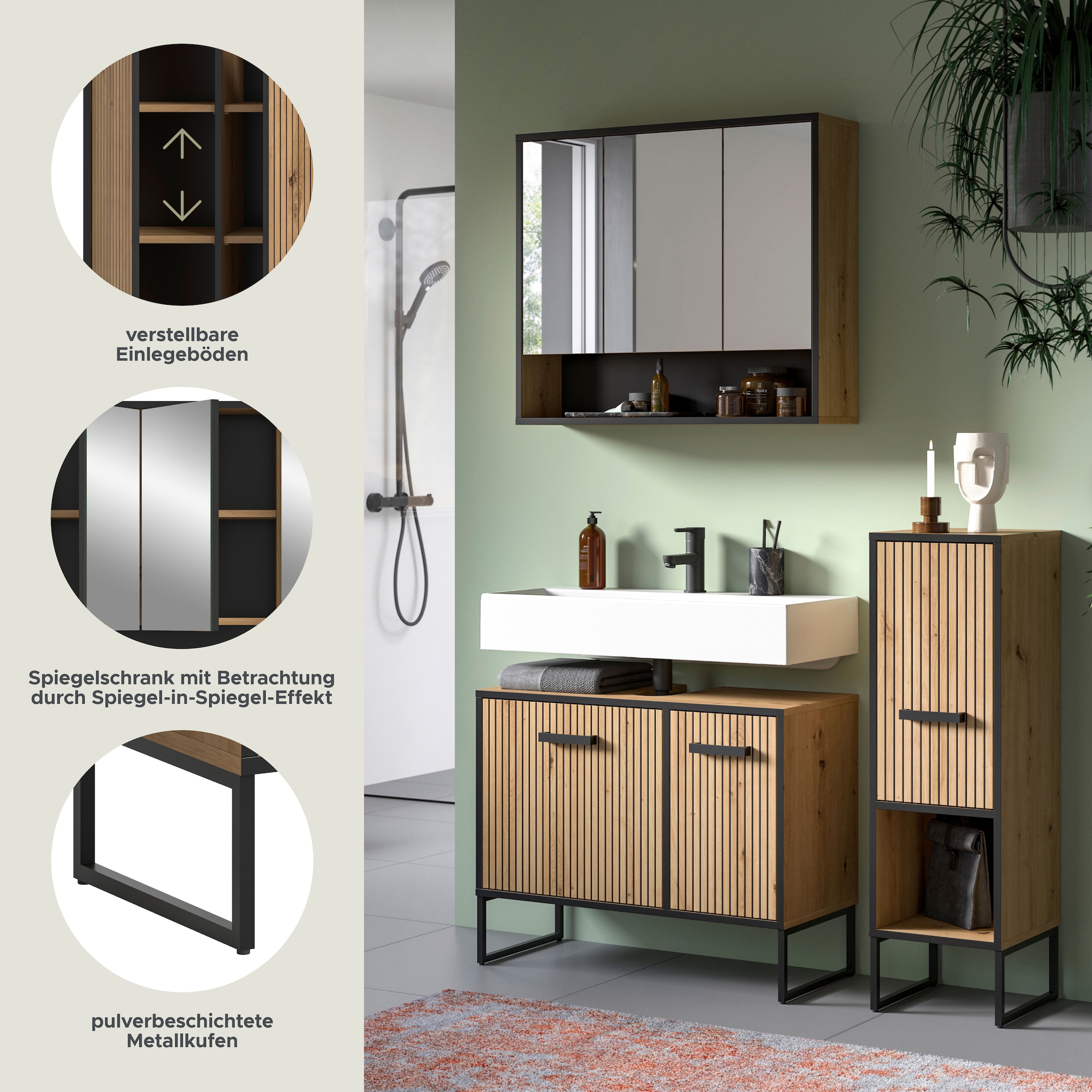 welltime Badmöbel-Set »LOCRI, 3-tlg. Badkombination, Breite 125 cm, Rillenoptik, Metallkufen« bestehend aus: Waschbeckenunterschrank, Spiegelschrank & Standschrank, 3 Stk. tlg.