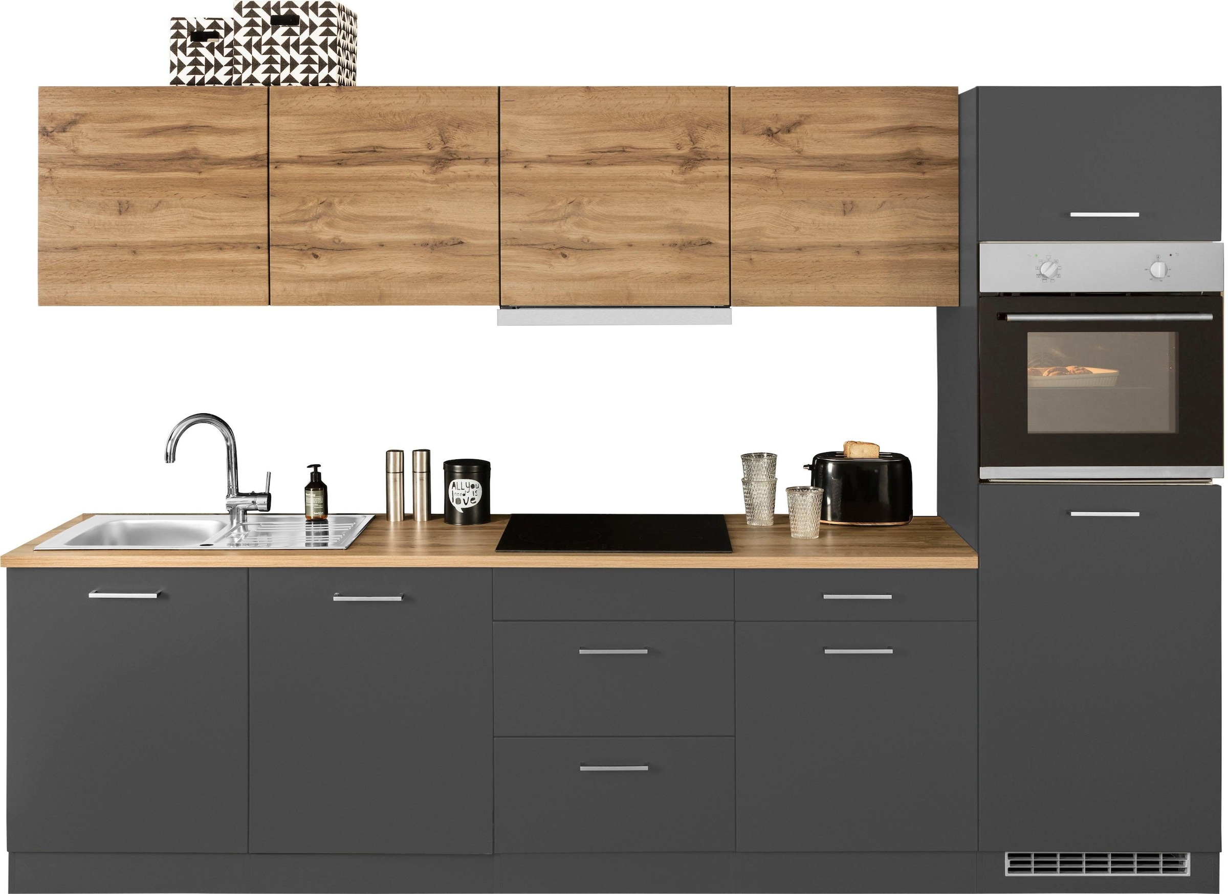 KOCHSTATION Küchenzeile »KS-Kehl«, mit E-Geräten, Breite 300 cm, inkl. Kühlschrank
