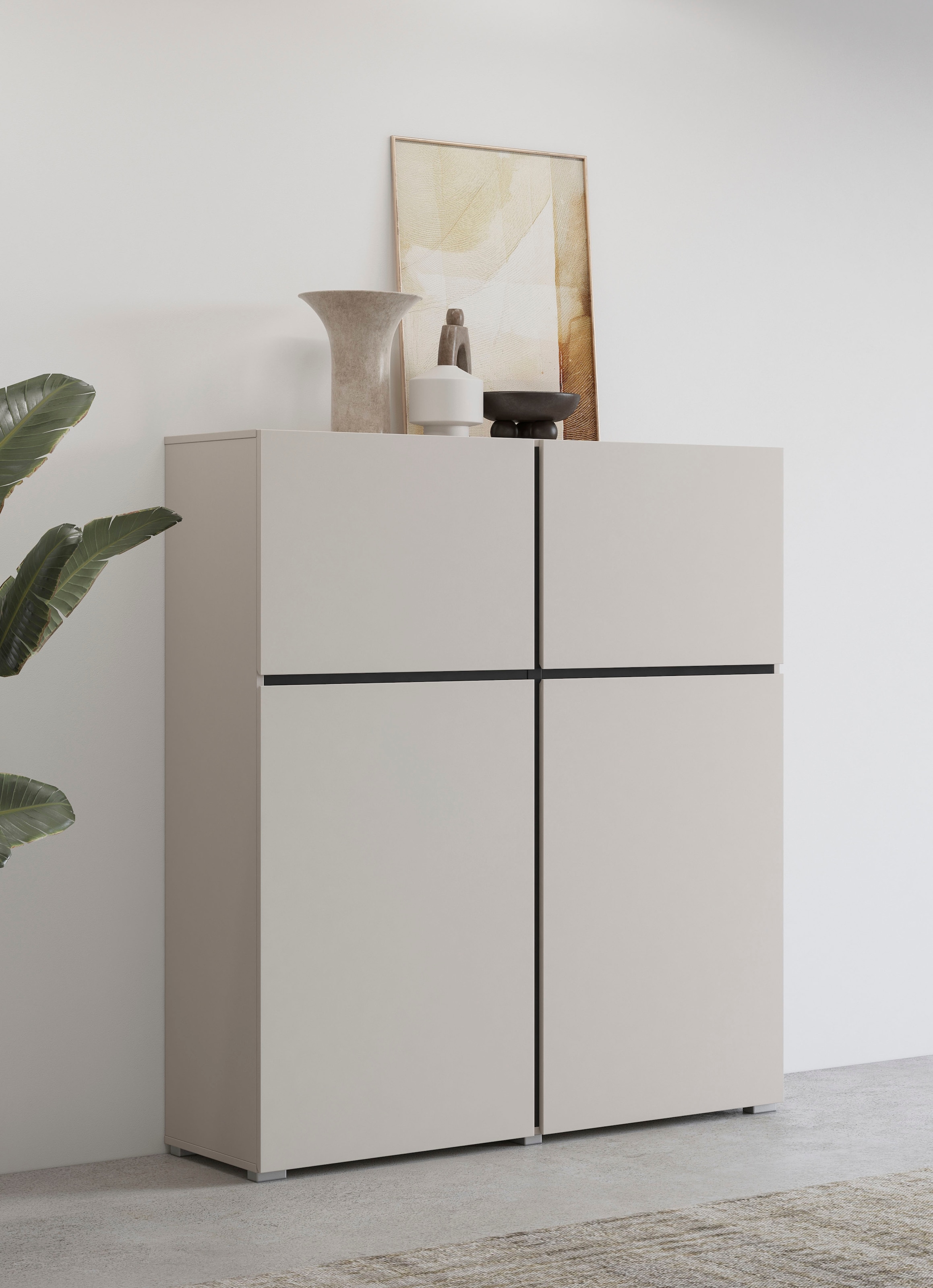 OTTO home Hochkommode »Cross,Breite 119,5 cm, moderne grifflose Hochkommode mit 4 Türen« Hochschrank mit viel Stauraum, Einlegeböden verstellbar