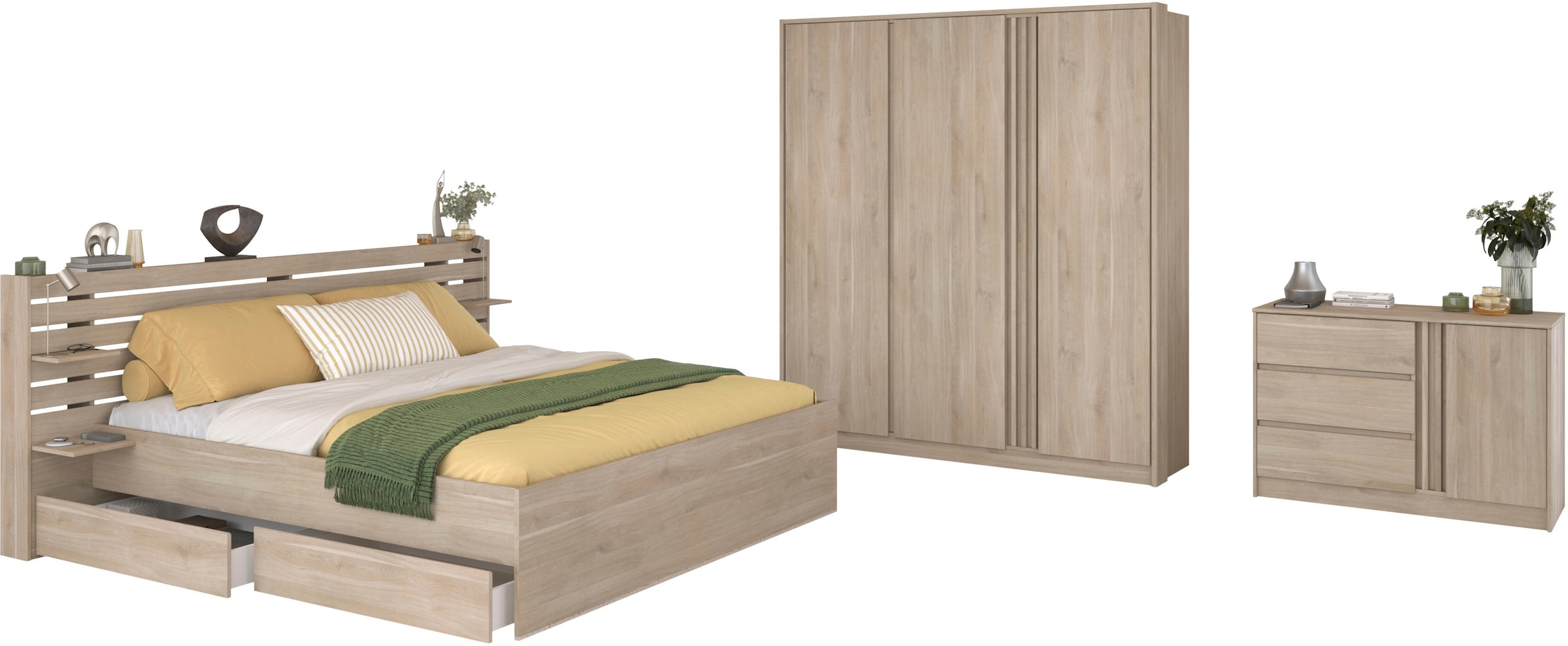 Parisot Schlafzimmer-Set, (4 tlg.), viel Stauraum, schöne Optik, Einsätze an Schrank und Kommode drehbar