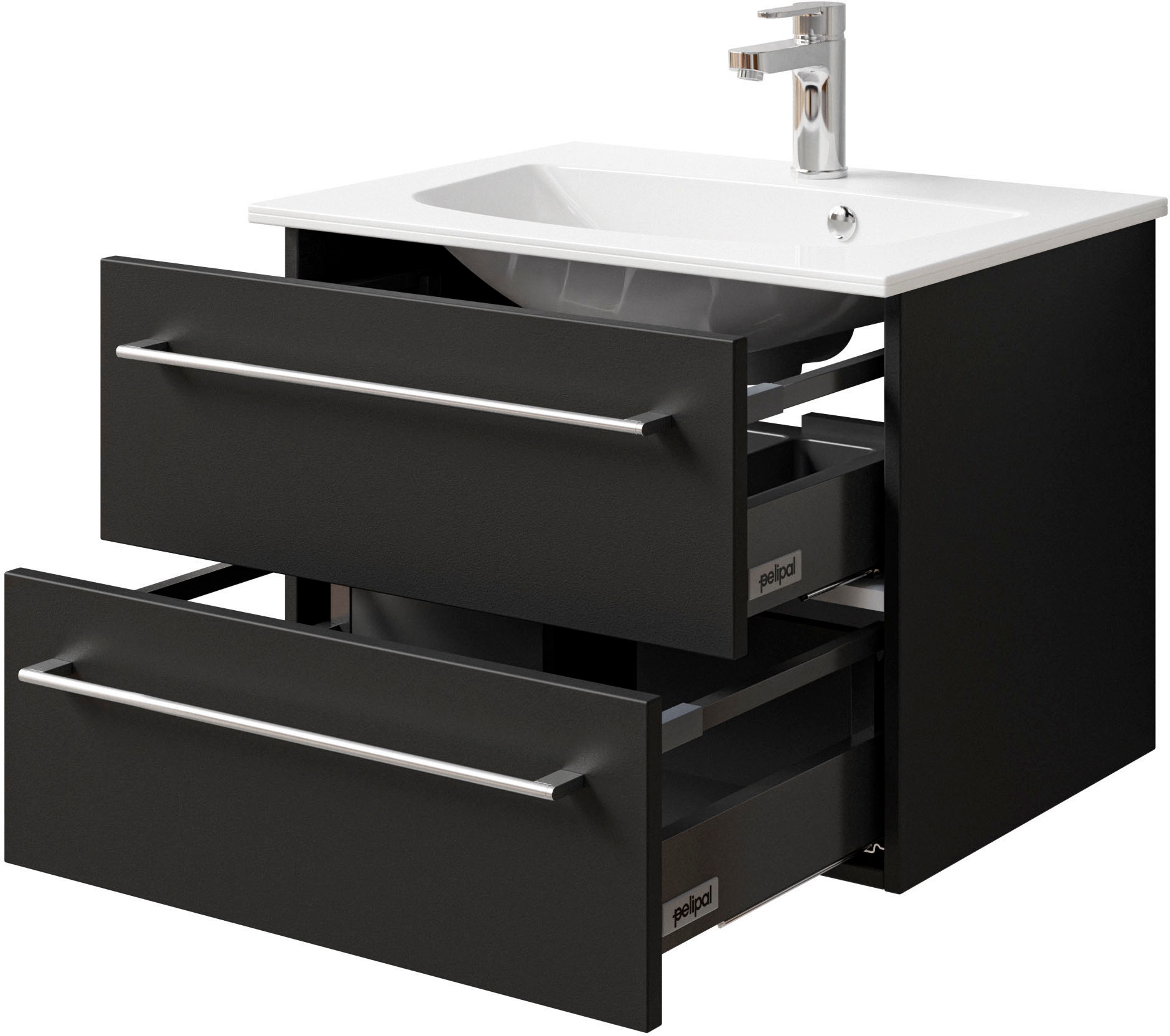 Saphir Badmöbel-Set »Serie 6025 2-teilig Mineralmarmor-Waschtisch mit LED-Spiegelschrank«, (2 St.), Waschplatz 67 cm breit, 2 Schubladen, 2 Spiegel-Türen, inkl Türdämpfer