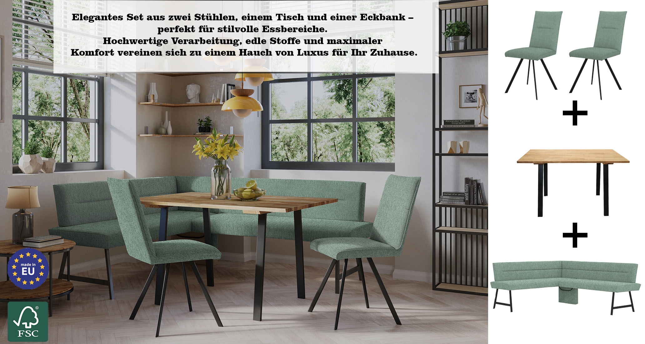 OTTO home Eckbankgruppe »Sava« Set, 4 Stk. tlg. Eckbank mit Wellenfederung im Sitz, Tisch Massiv Eiche