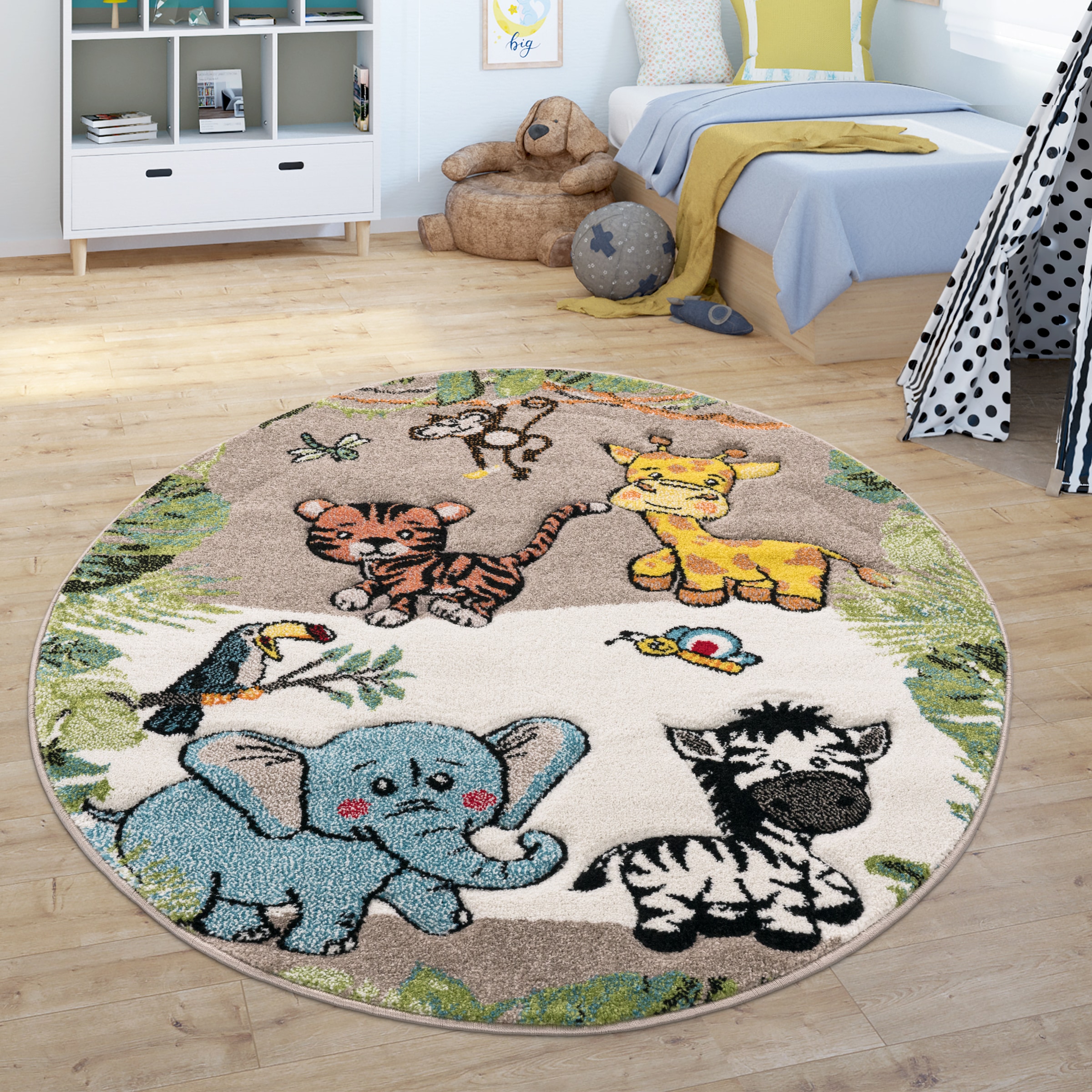 Paco Home Kinderteppich »Diamond 644«, rund, 18 mm Höhe, Kurzflor, 3D-Design, Motiv Dschungel Tiere, Kinderzimmer