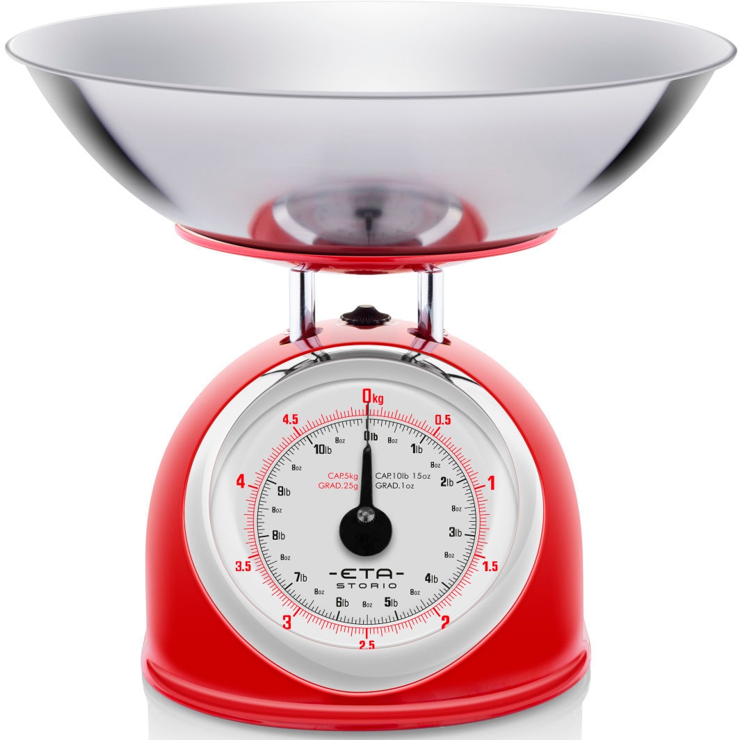 eta Küchenwaage »STORIO rot ETA577790030 Retro«, (2 tlg.), analog, Ganzmetall-Design mit einer Edelstahlschale
