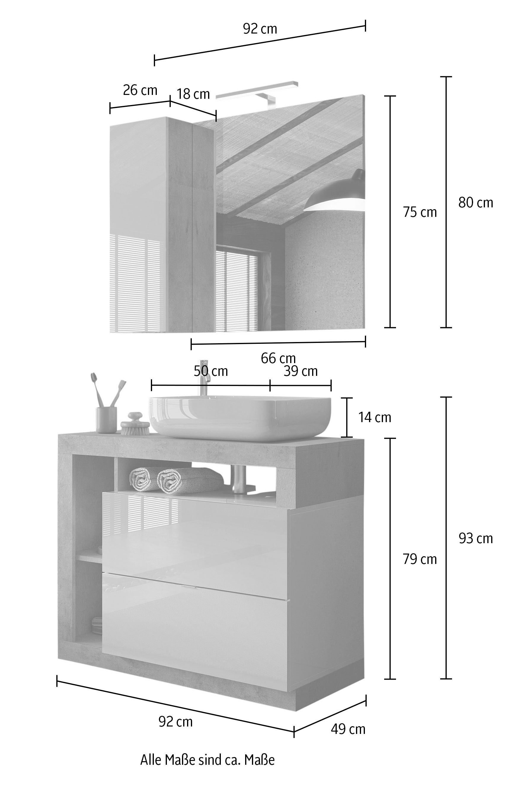 welltime Badmöbel-Set »Hamburg, Badezimmerset 2tlg. Breite 92 cm, Badmöbel, Waschtisch inkl.«, (Spar-Set, 2 St.), Waschbecken, Spiegelschrank mit LED Aufbauleuchte, Soft-Close-Funktion