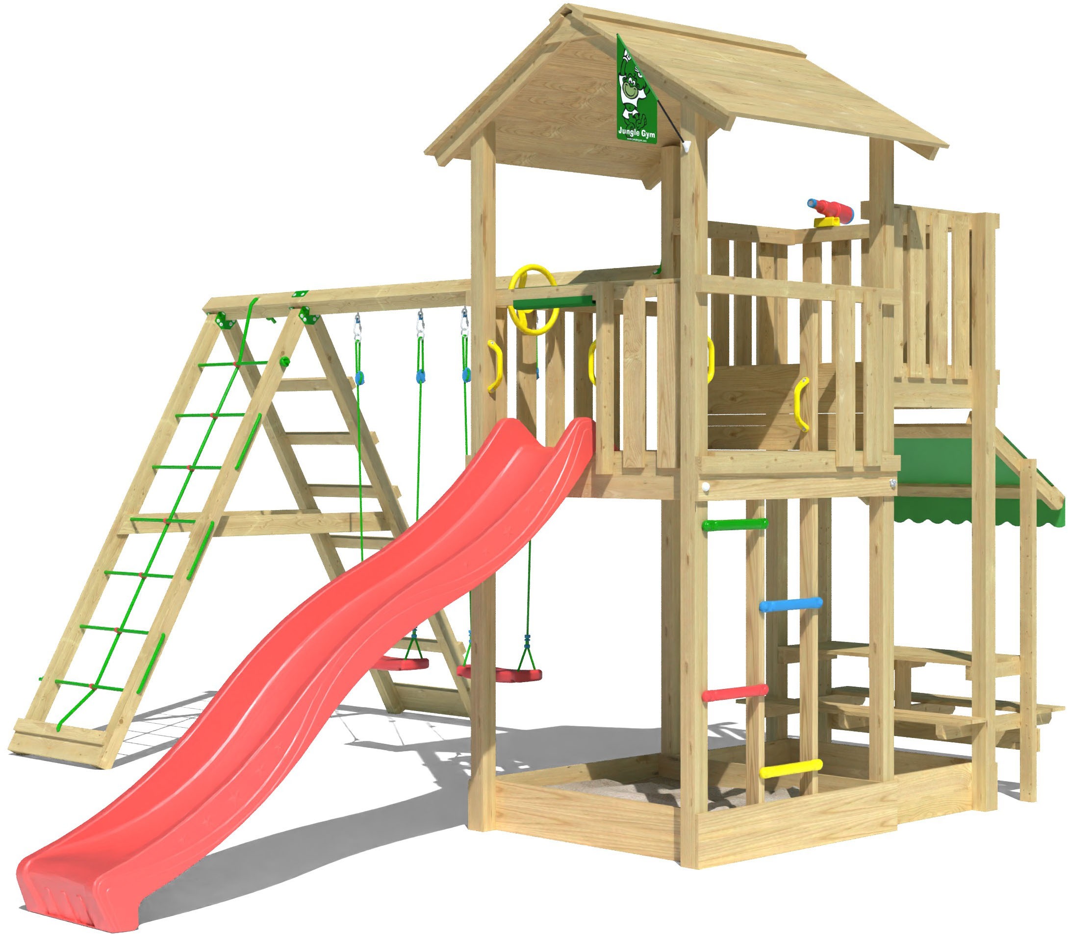 Jungle Gym Spielturm »Veranda«, (Set), Spielanlage mit Schaukel, Kletterbock und Rutsche mit Wasseranschluss
