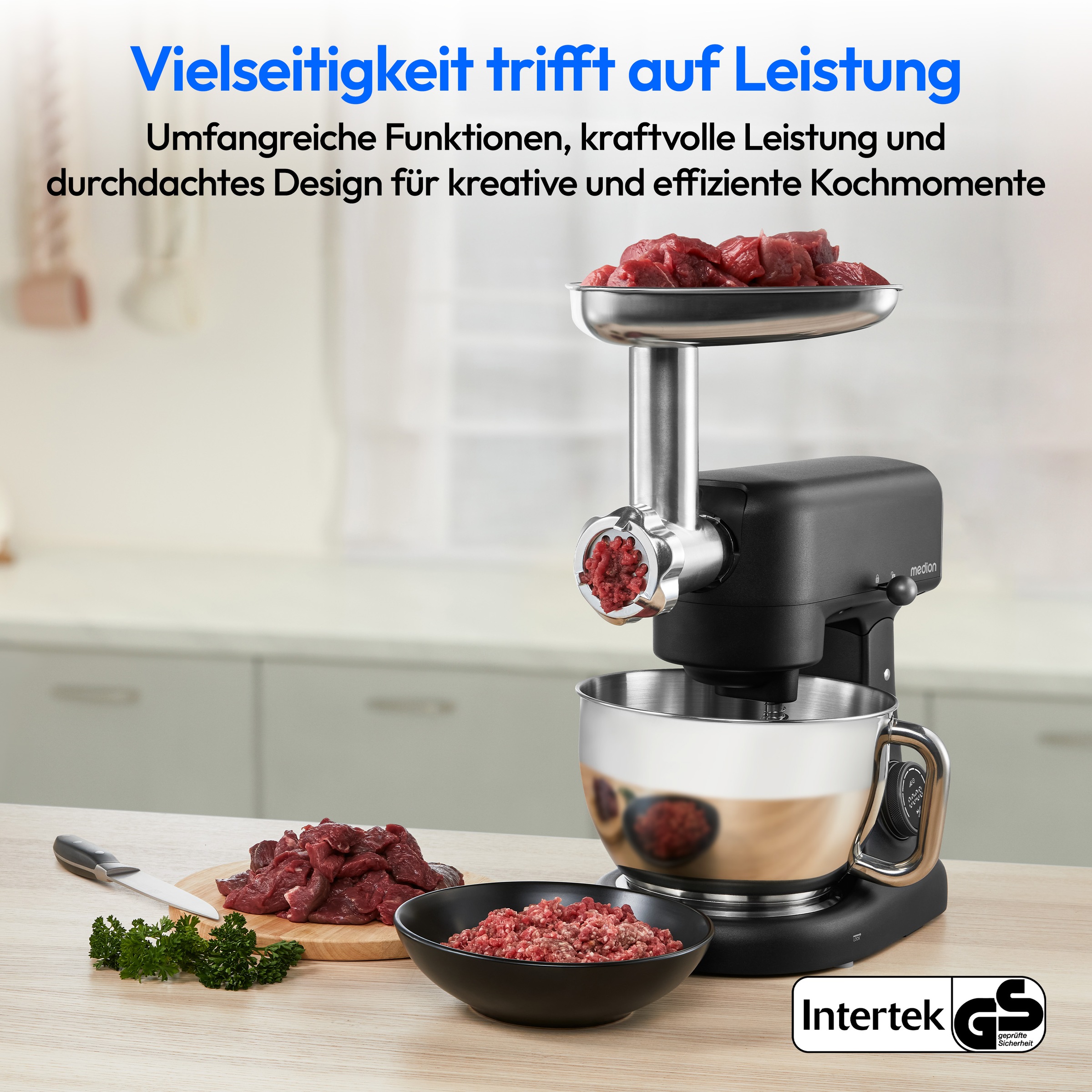 Medion® Küchenmaschine »MD 12600, 8 Geschwindigkeitsstufen, Impulsfunktion, DC-Motor, 4,6 L«, Mit umfangreichem Zubehör-Set, Fleischwolf-Aufsatz, Gemüsereibe