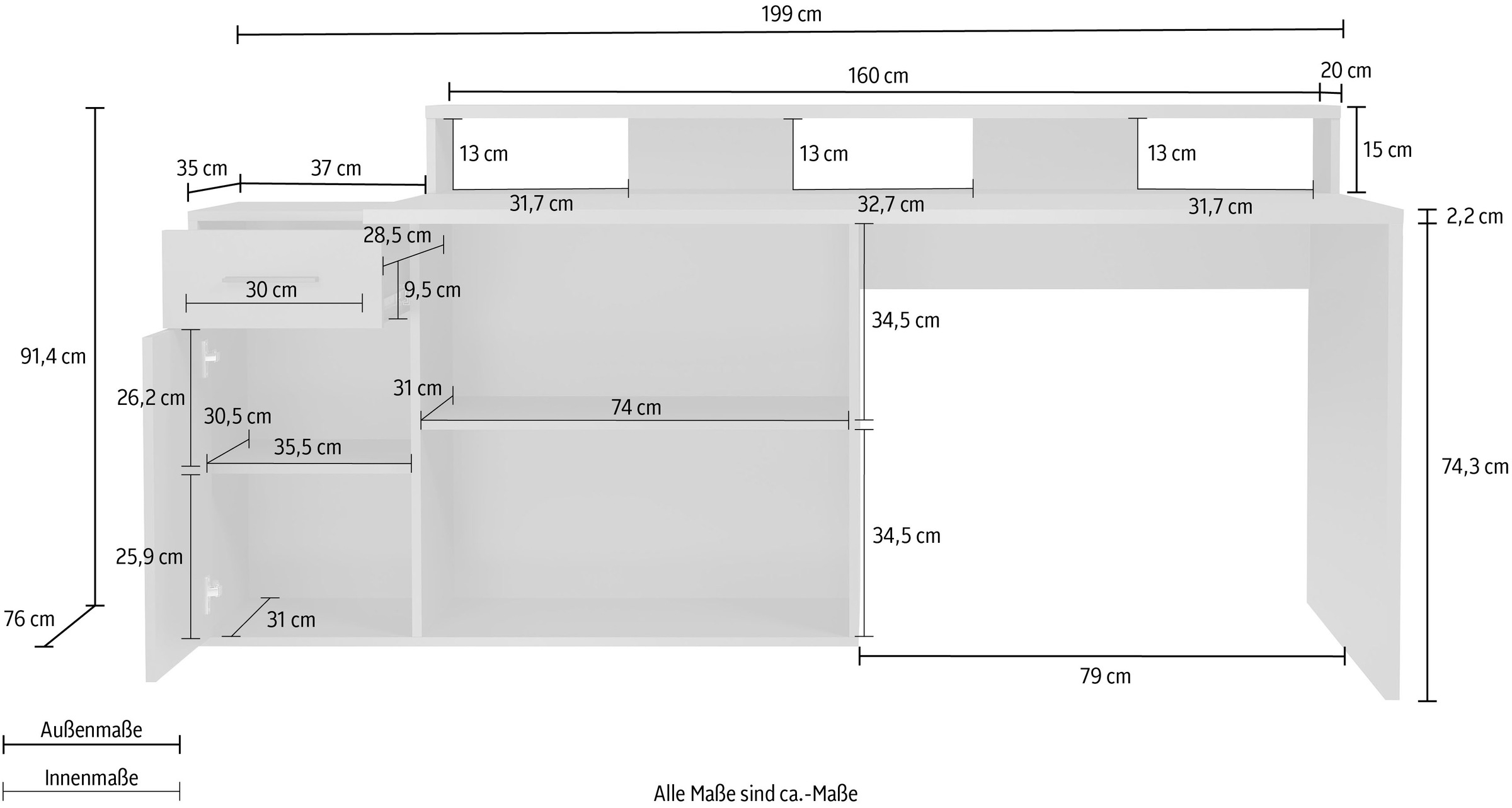 INOSIGN Schreibtisch »Chester«, (2 St.), Gamingtisch mit Lowboard - Arbeitstisch Maße (B/T/H) 160/115/92 cm