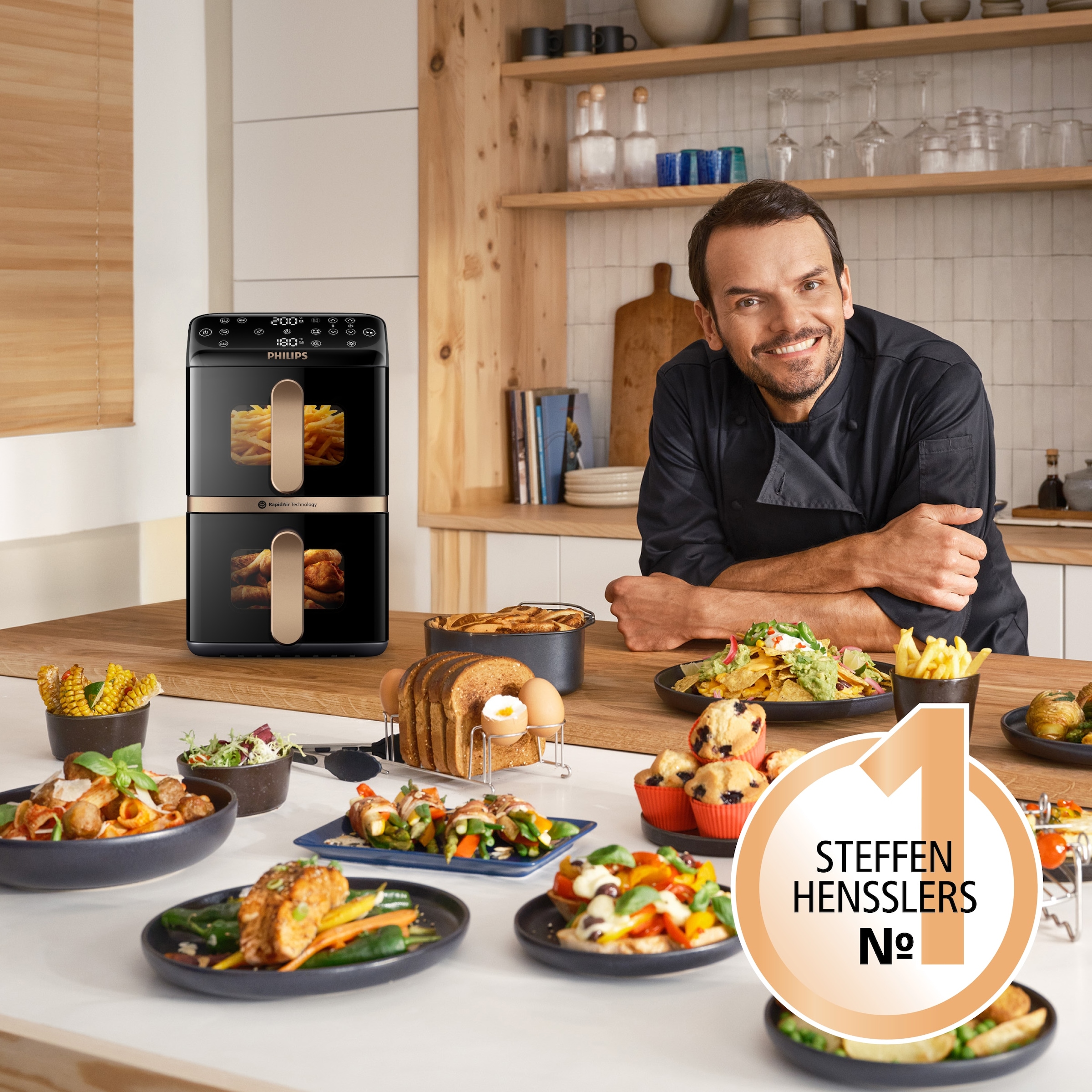 Philips Heißluftfritteuse »NA462/70 4000 Series Stacked Dual Basket und 10L Kapazität (5+5L)« 2750 W Fassungsvermögen 0 l RapidAir Technologie; Schwarz/Dunkelgrau, kupfer Griff