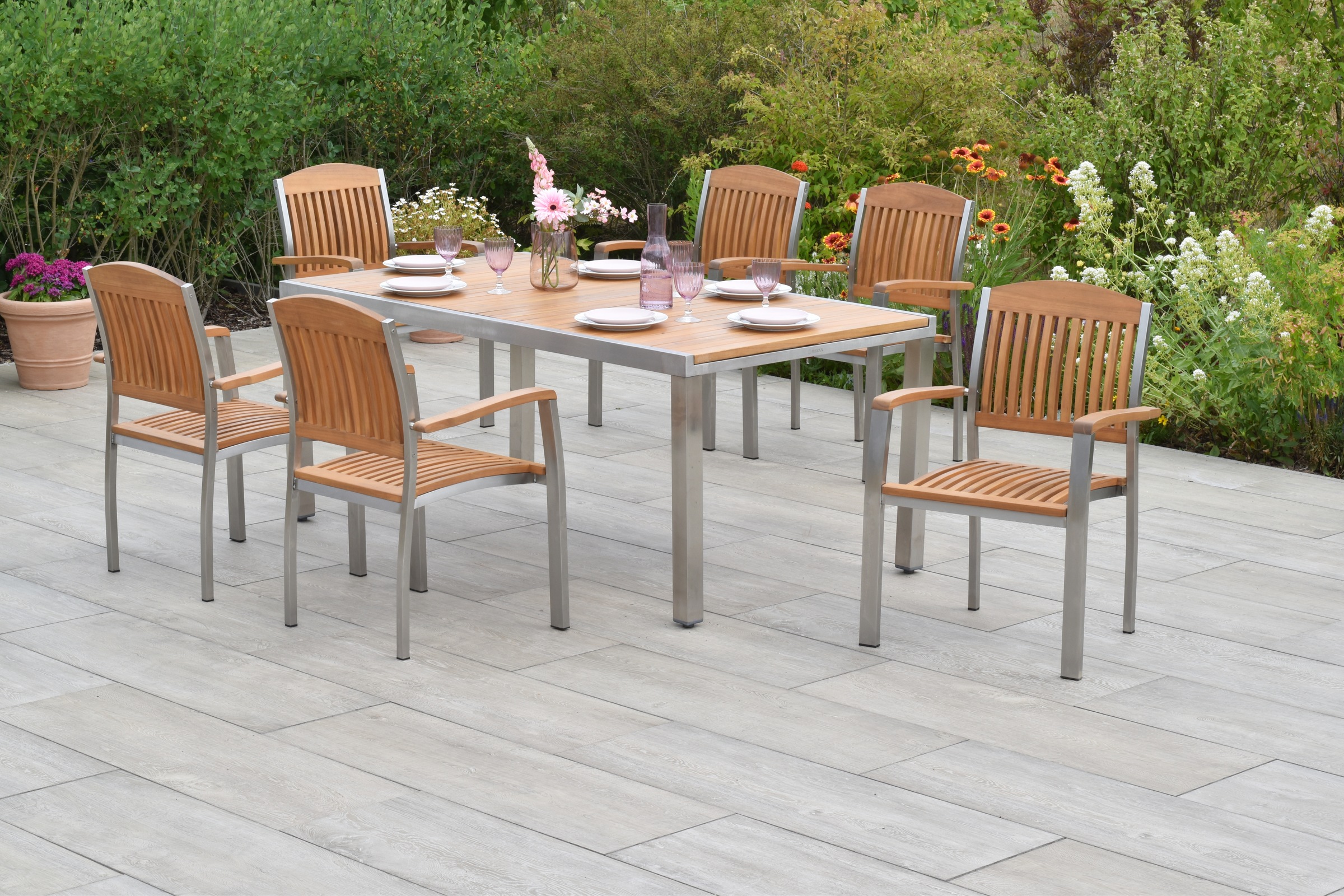 MERXX Garten-Essgruppe »»Keros«« Set, Geöltes Akazienholz, Edelstahlgestell günstig online kaufen