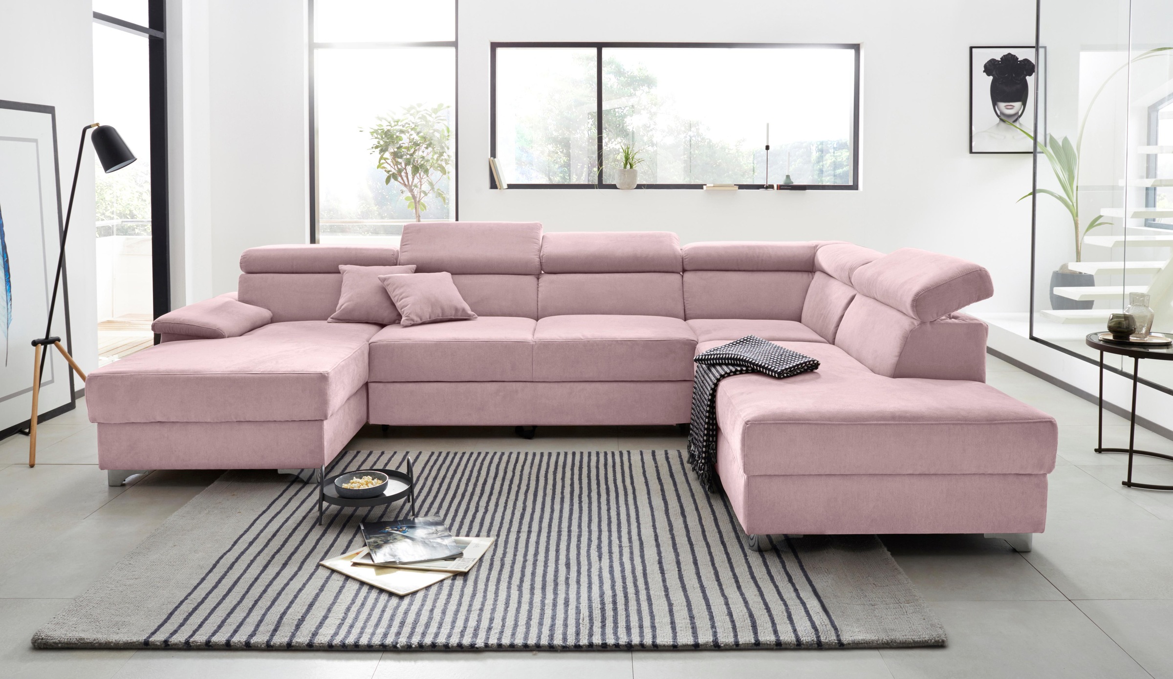 DOMO collection Wohnlandschaft »Mira, inklusive Kopfteilverstellung für mehr Wohlfühlkomfort, U-Form«, wahlweise mit Bettfunktion und Bettkasten, elegant und modern