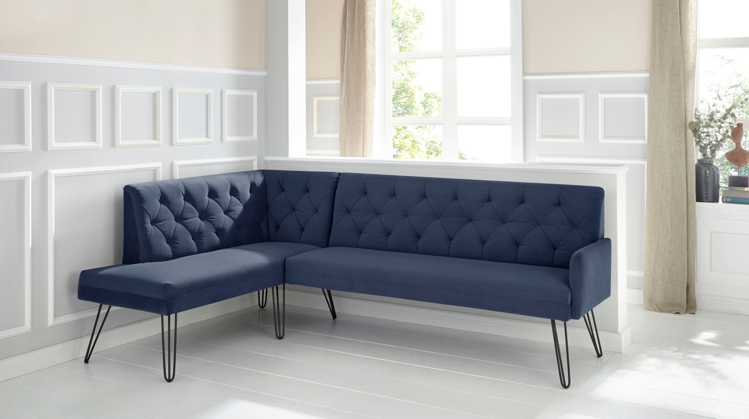 exxpo - sofa fashion Eckbank »Doppio, Chesterfield Optik, komfortabel und bequem, hohe Designfüße«, Frei im Raum stellbar