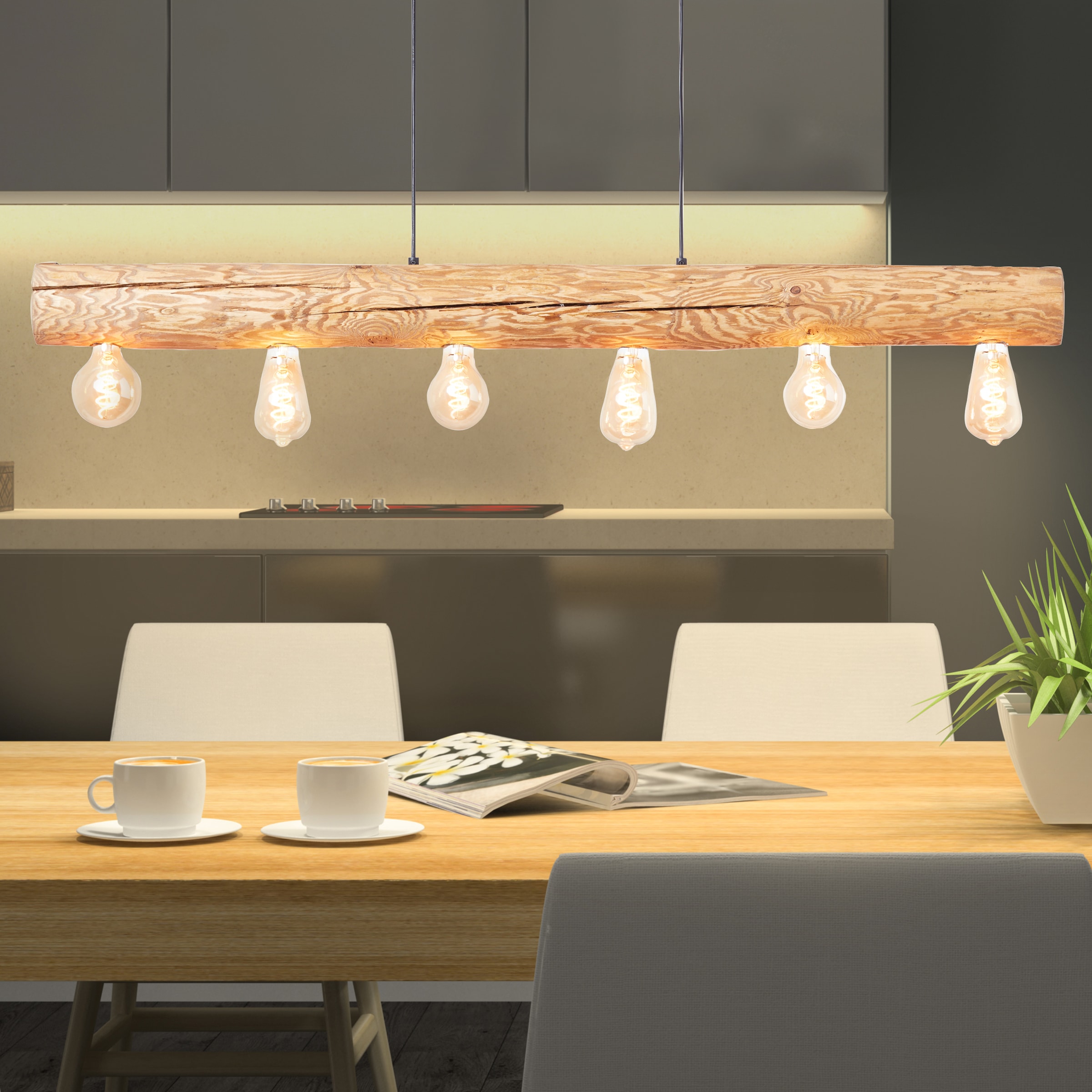 Brilliant Pendelleuchte »Trabo«, 6 flammig, Leuchtmittel E27 | ohne Leuchtmittel, 105cm Höhe, 115cm Breite, 6x E27, kürzbar, Holz/Metall, kiefer gebeizt