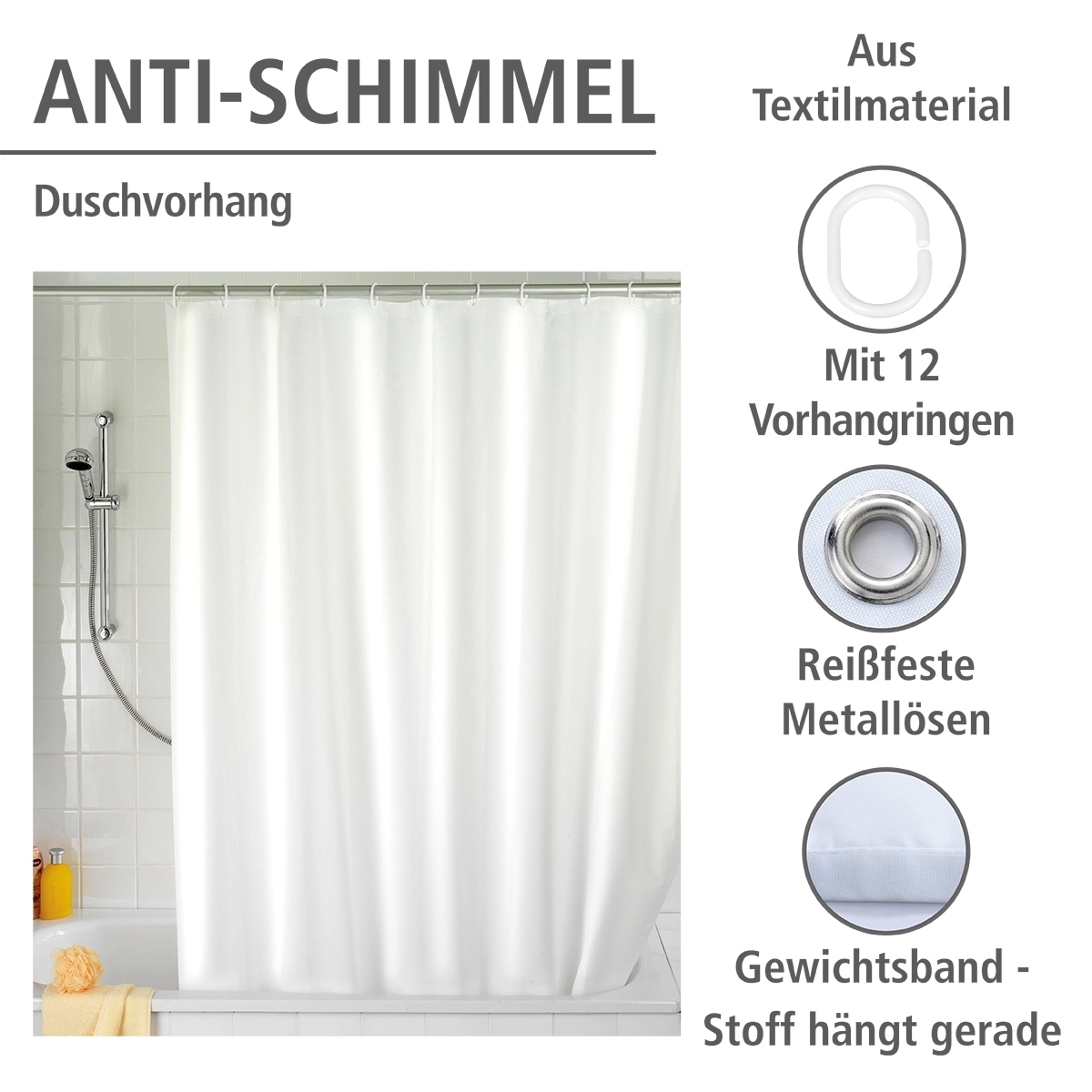 WENKO Duschvorhang »Uni White«, Höhe 200 cm, Polyester, waschbar