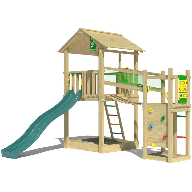 JUNGLE GYM Spielturm »Fortress« Spielanlage mit 2 Türmen, Brücke und Rutsche mit Wasseranschluss dunkelgrün