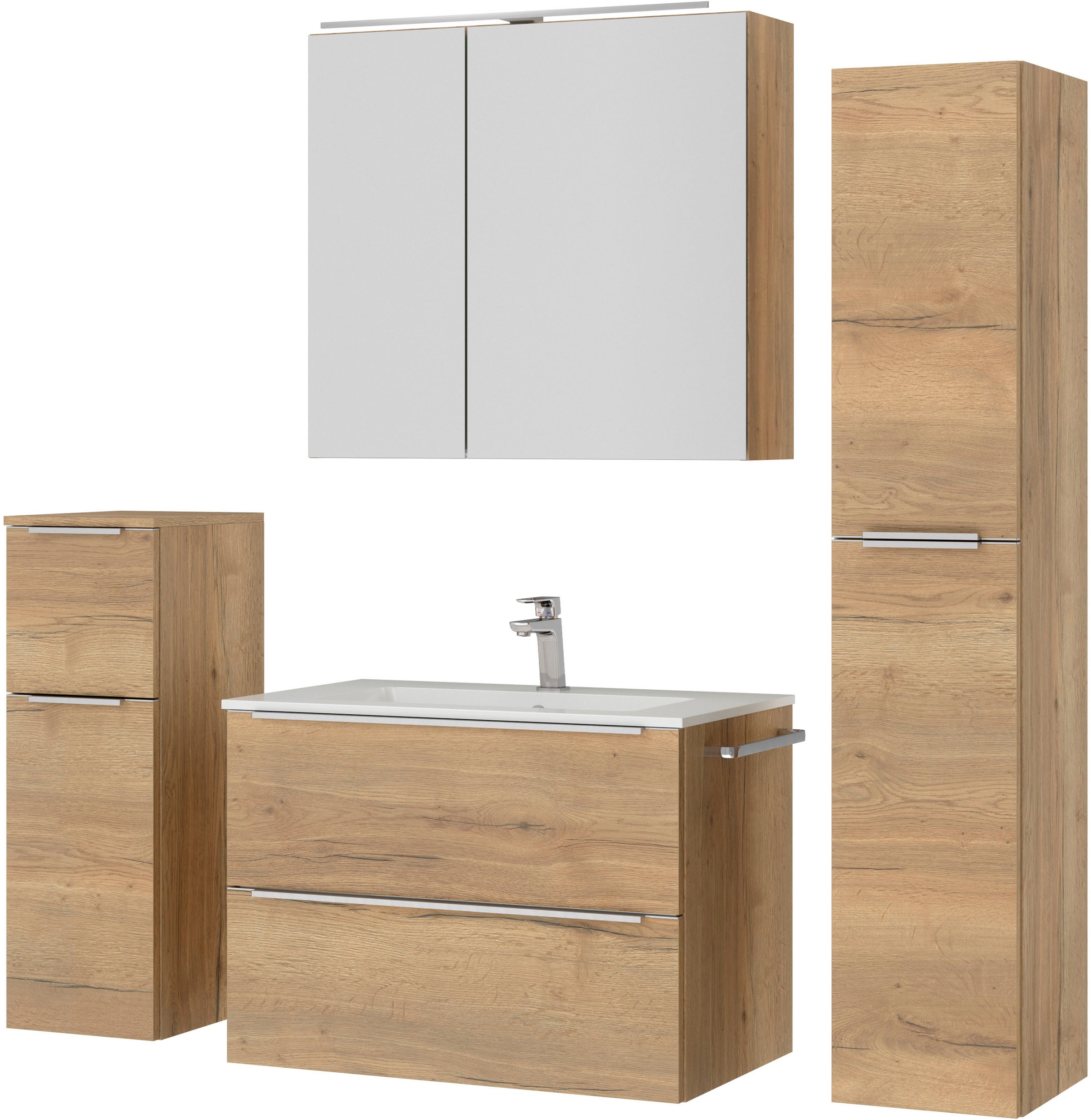 nobilia® Badmöbel-Set »Levere«, (4 St., vormontiert, mit Soft-Close), inkl. Spiegelschrank mit Beleuchtung und Dimmerfunktion, in 4 Breiten