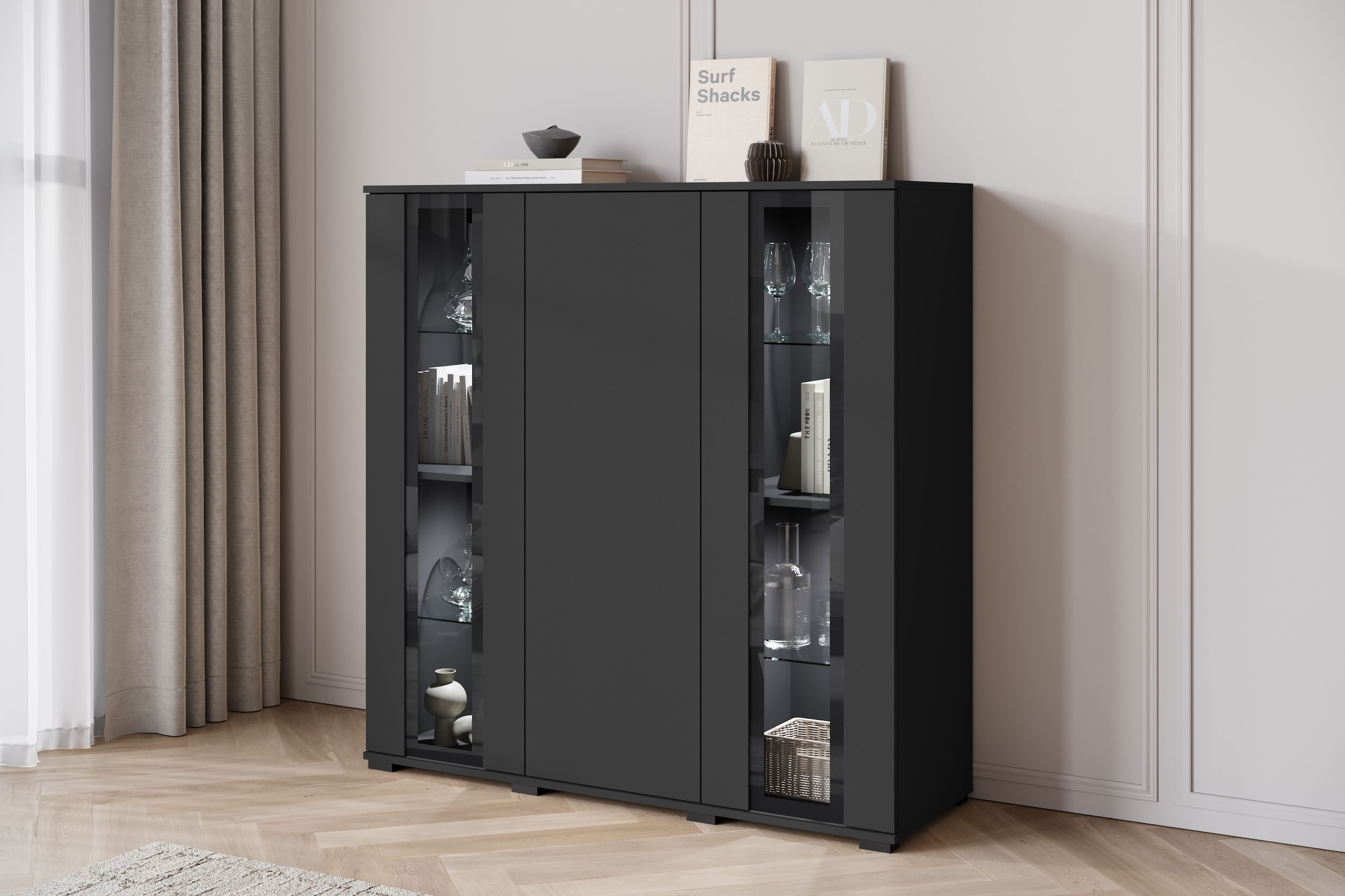INOSIGN Highboard »Caro, modernes Design mit Glaseinsätzen, Breite 120 cm«, (1 St.), grifflose Fronten mit Push-to-Open, höhenverstellbare Einlegeböden