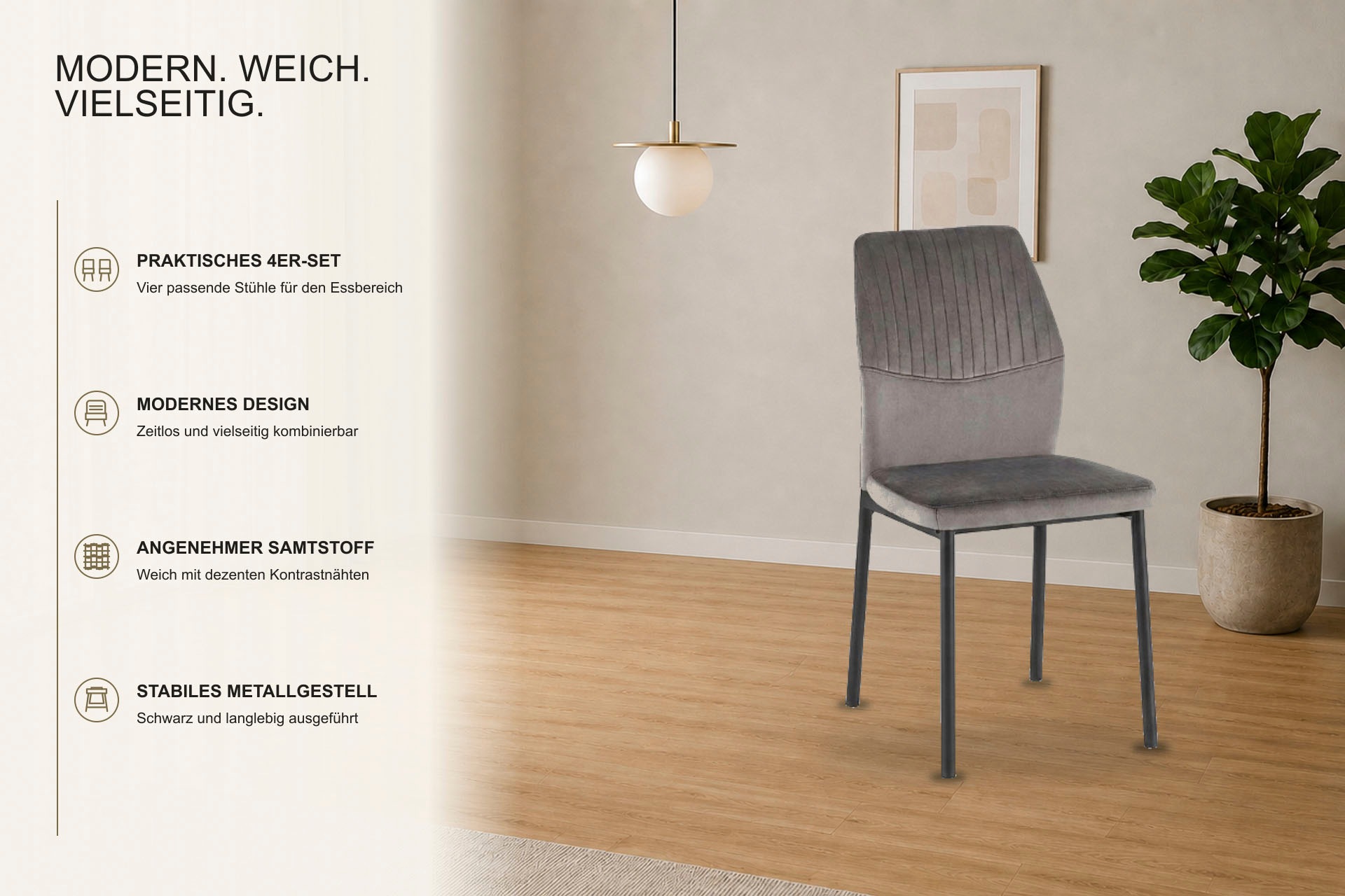 OTTO home Esszimmerstuhl »Nora« (Set) 4 Stk.moderne Samtstühle mit Kontrastnähten und schwarzem Metallgestell