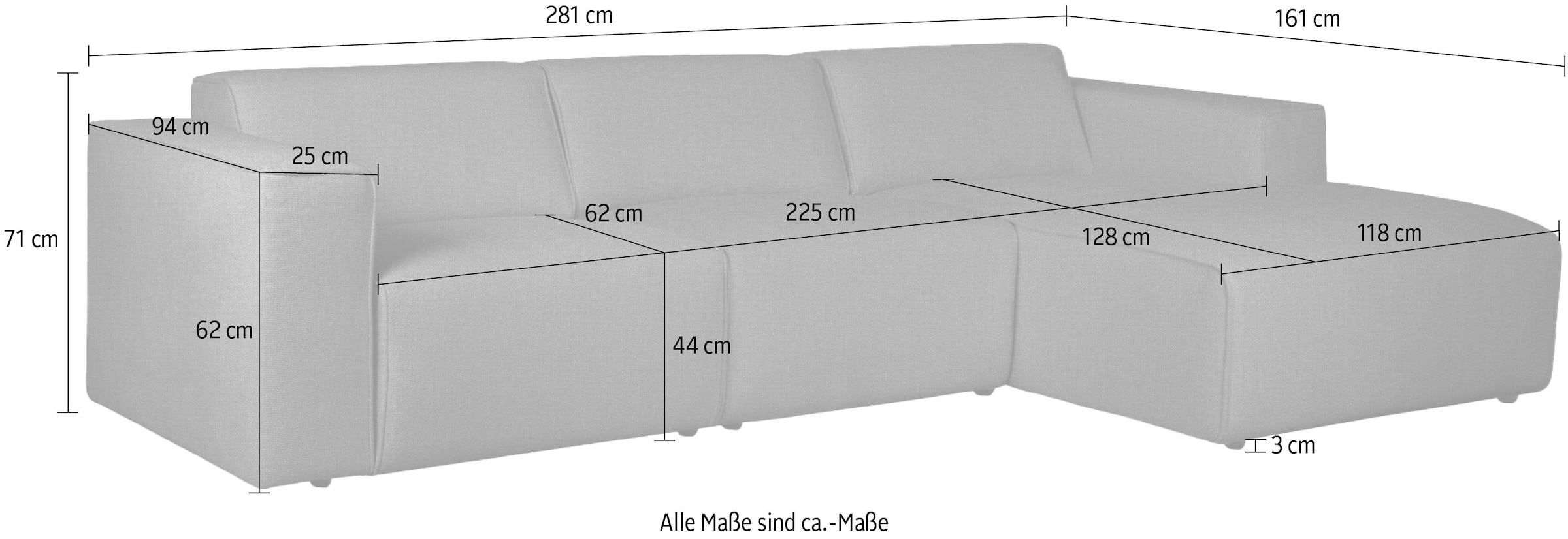 andas Ecksofa »Noord«, L-Form, mit Kedernaht, Breite 281 cm, Cord, Struktur, Webstoff