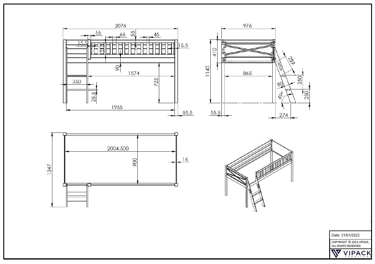 Vipack Hochbett »Scott« Made in Europe,  mit schräger Leiter, LF 90x200 cm, Vorhang, Tunnel, 7 Designs
