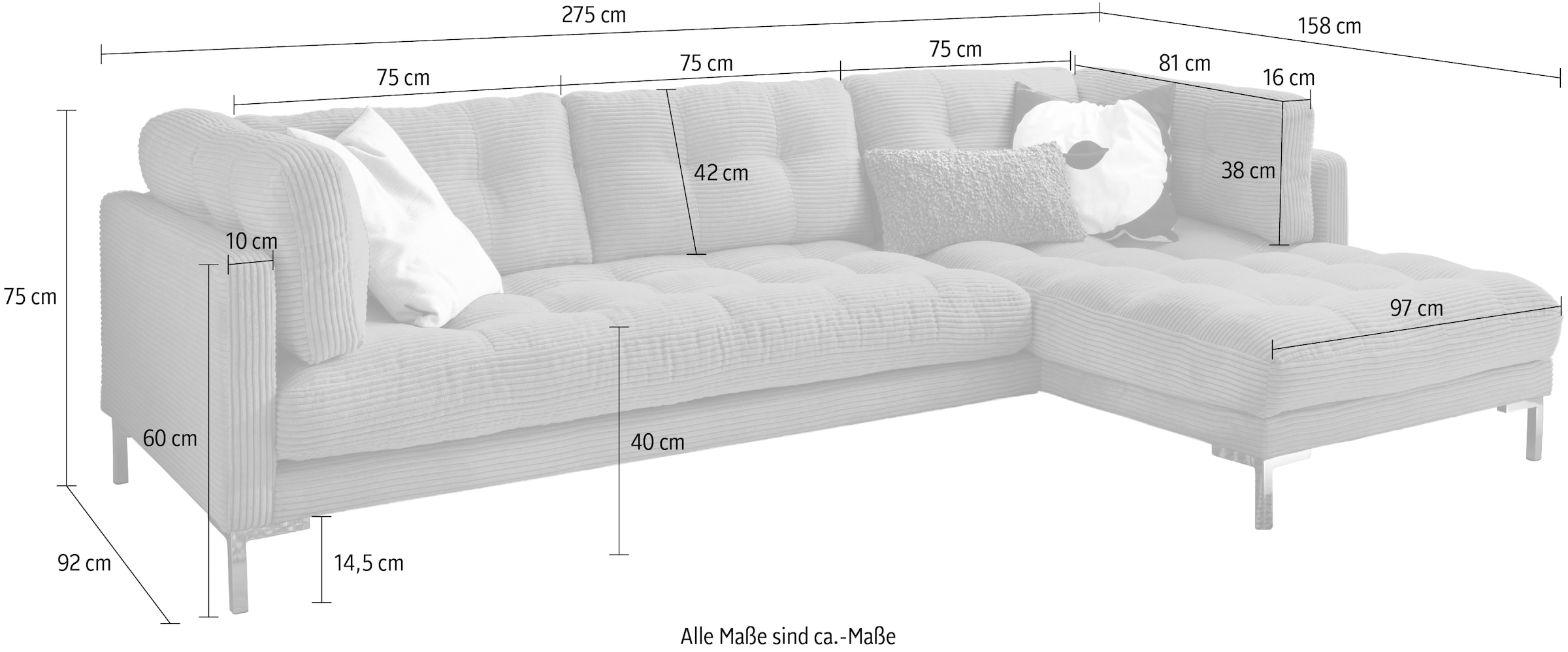Trends by HG Ecksofa »Landau L-Form«, in Cord-Stoff mit Metallfuß