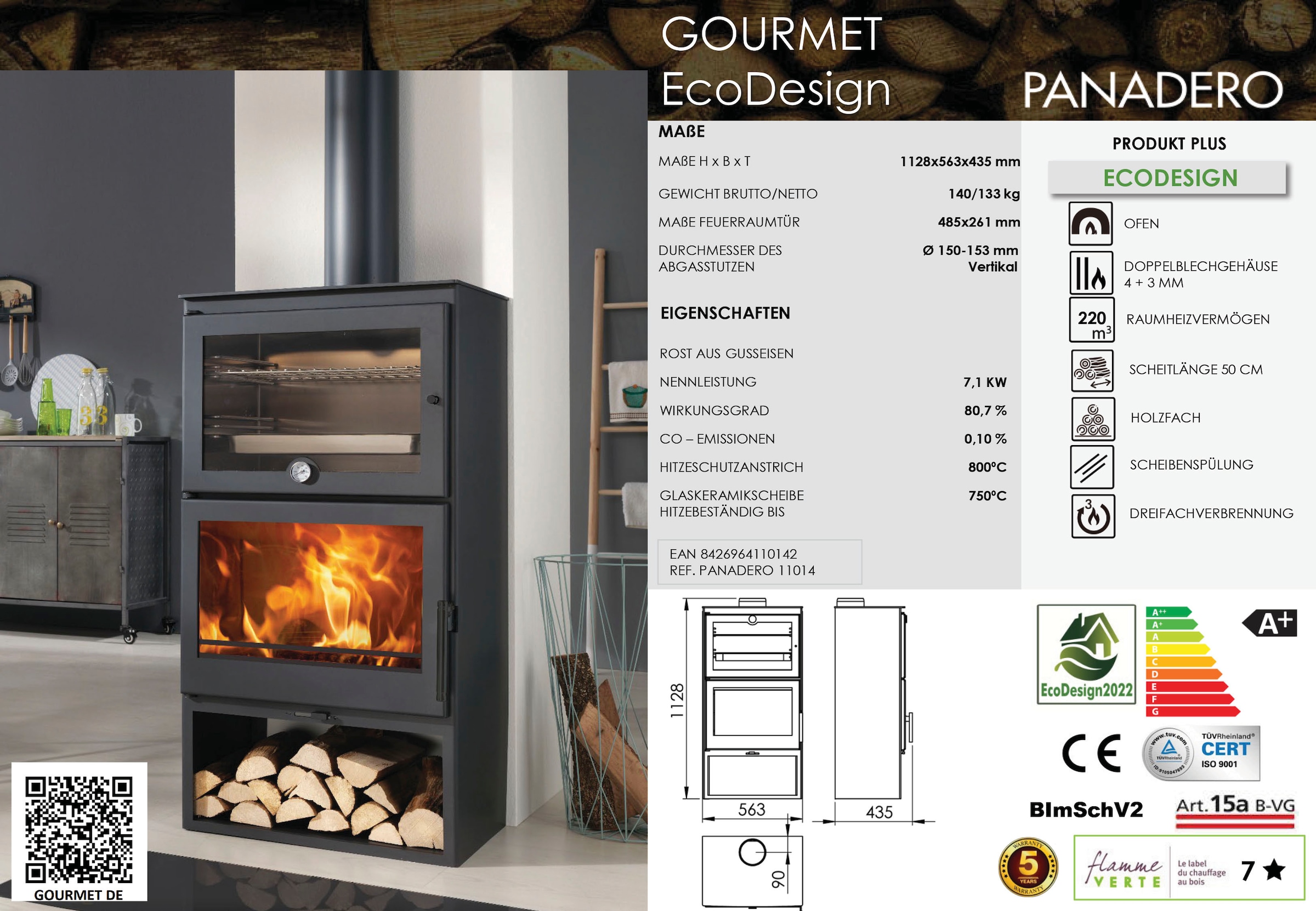 Panadero Kaminofen »Kaminofen Gourmet Ecodesign«, Scheibenspülung, Dreifachverbrennung
